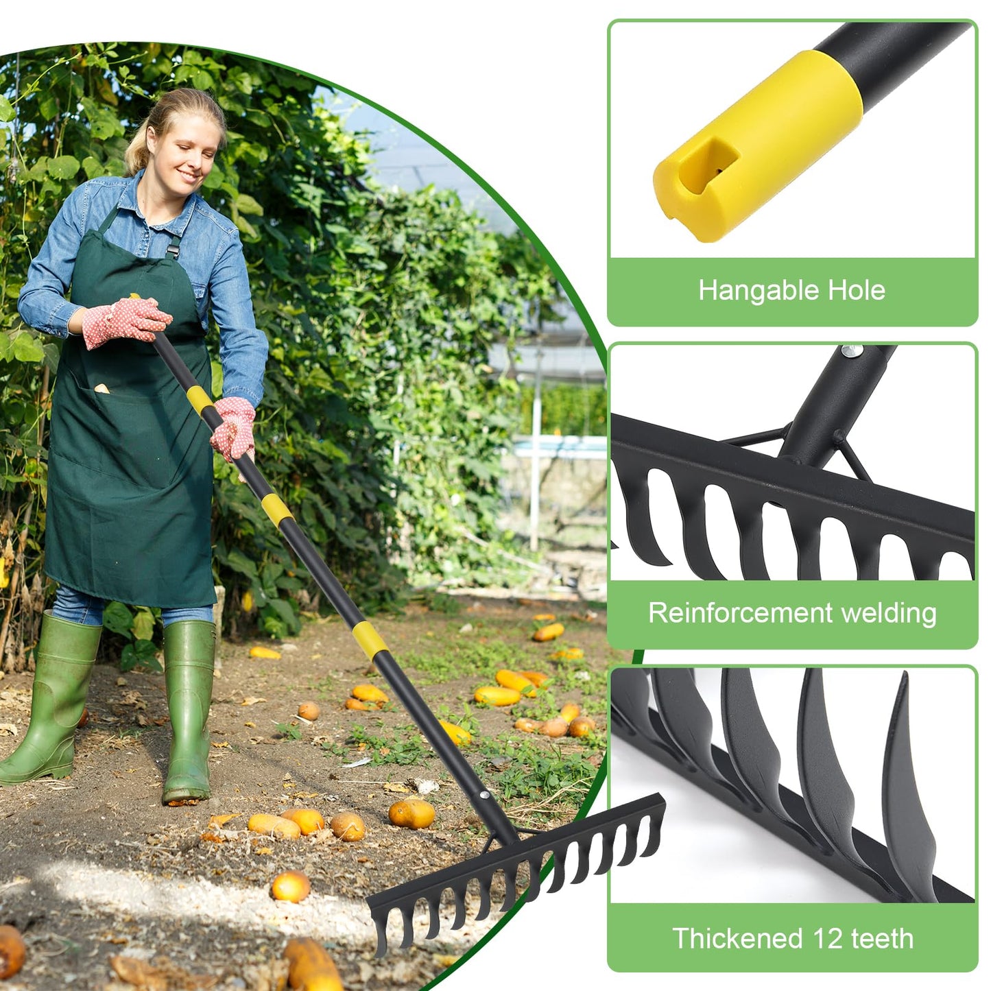 Bow Rake, 78" Heavy Duty Garden Tools Lawn Leveling Rake with Long Handle, 12 Tines Garden Tools Metal Head for Loosening Soil, Cleaning the Leaves and Weeding Control, Leaf, Thatch, Landscape Tools