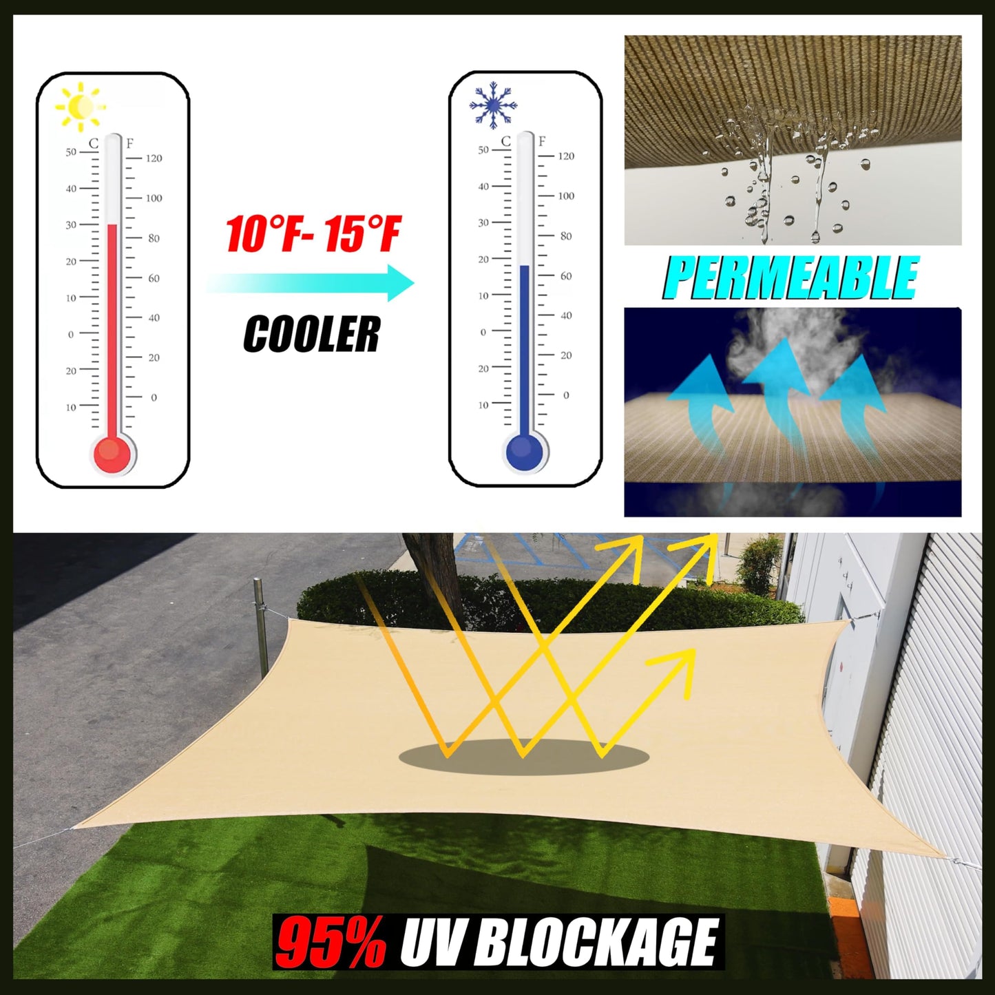 Royal Shade 8' x 16' Beige Rectangle Sun Shade Sail RS-SLR, UPF50+ 95% UV Blockage, 200GSM Commercial Standard Heavy Duty, Water & Air Permeable Canopy Mesh Fabric for Patio (We Make Custom Sizes)