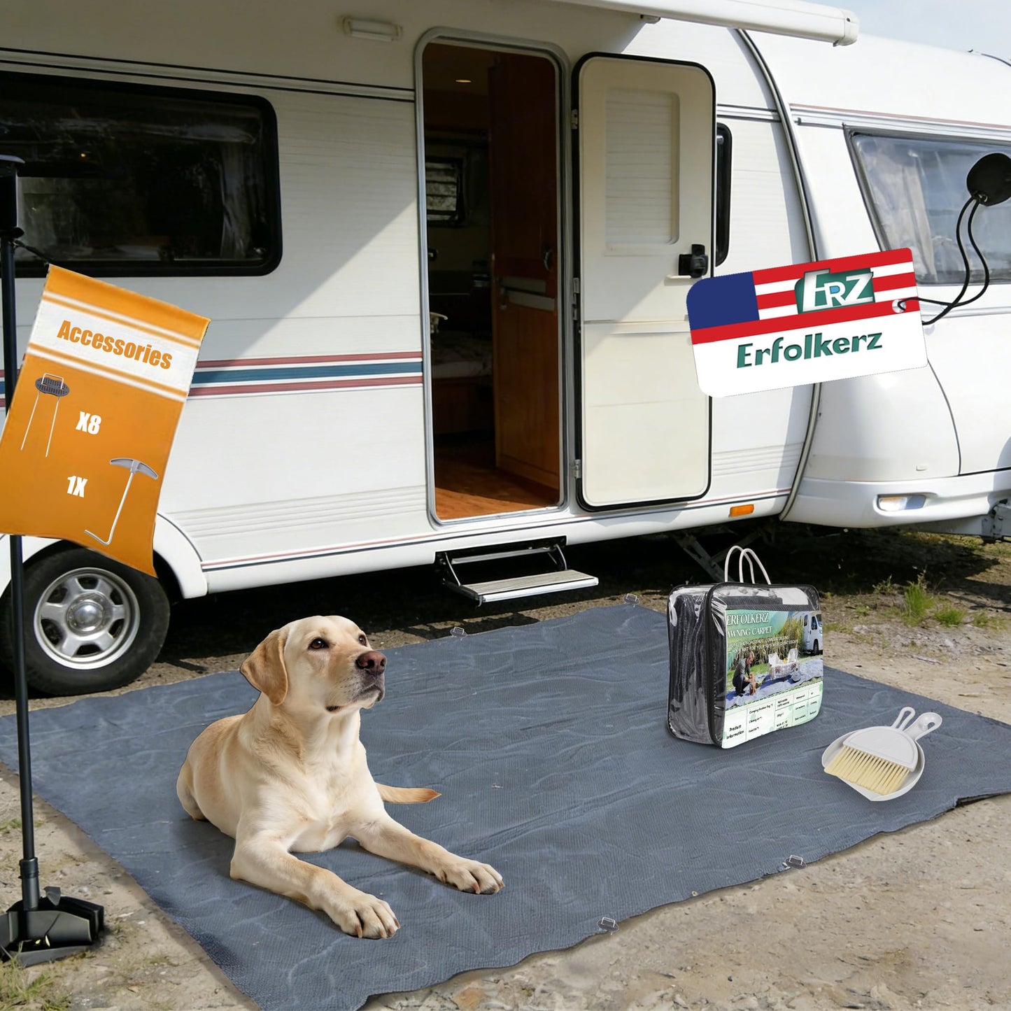 Erfolkerz Awning Carpet HDPE Outdoor RV Rug,Blue-Grey 9'*6' Waterproof Camping Rugs with Eyelets/Broom/Carry Bag/Nails,Highly Robust & Washable,Large Outdoor Area Mat for Patio/Backyard/Picnic/Beach