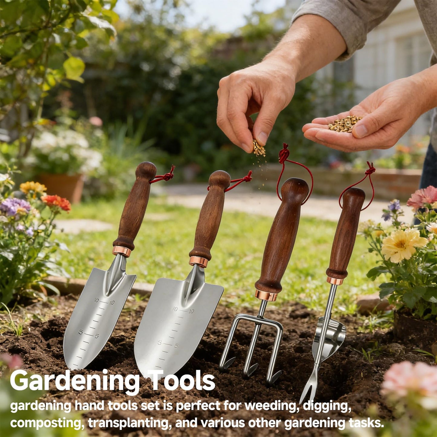 Zenrok Gardening Tools, 4 Pack Garden Tool Set with Wooden Handles Hand Tools with Transplanting Hand Shovel, Rake and Root Picker Ideal for Digging and Planting