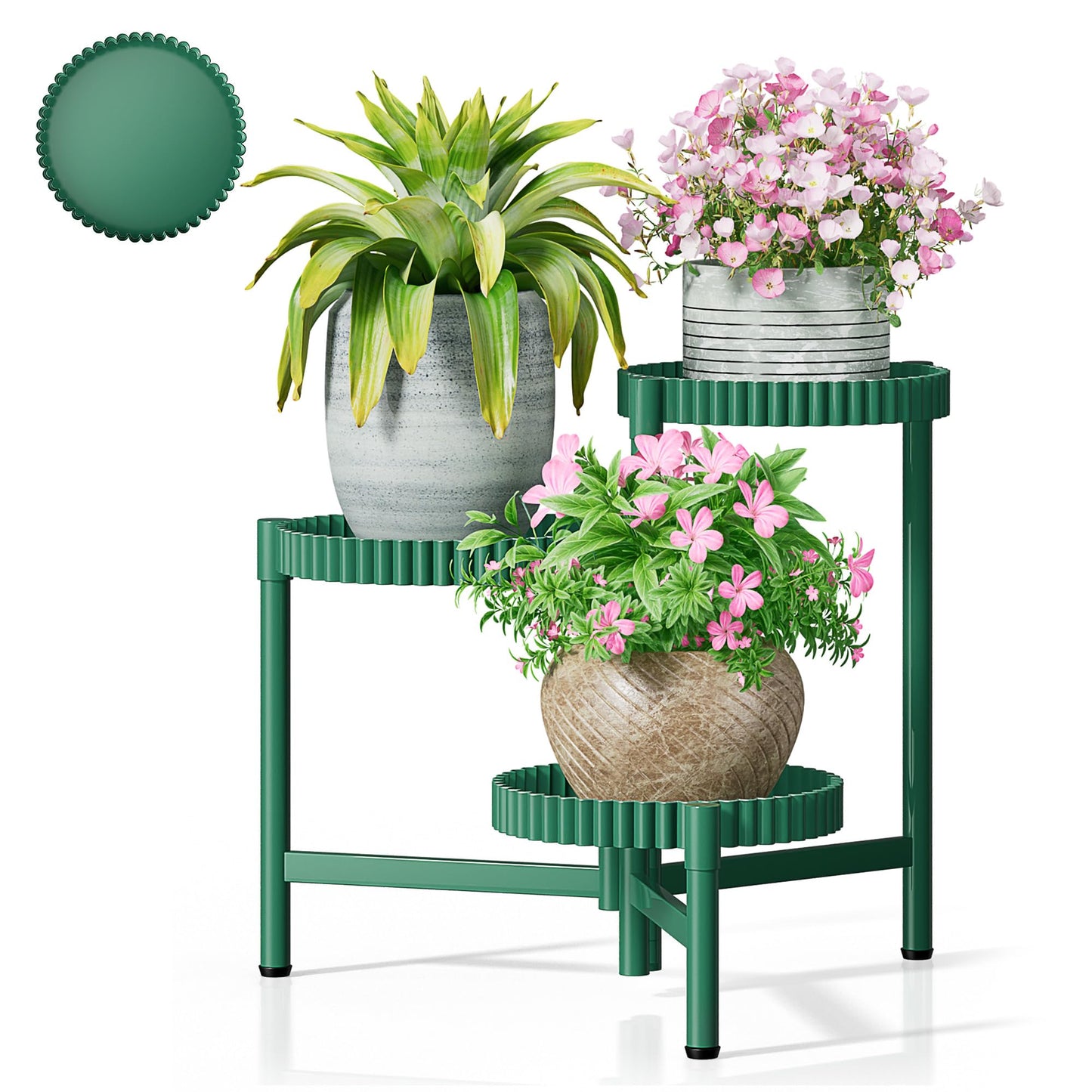 NQW Plant Stand Indoor Outdoor, 3 Tier Corner Metal Flower Display Holder Shelf, Folding Tall Plant Rack for House Patio Balcony Porch Living Room, Heavy Duty Anti-Rust Wrought Iron - GreenFloroma