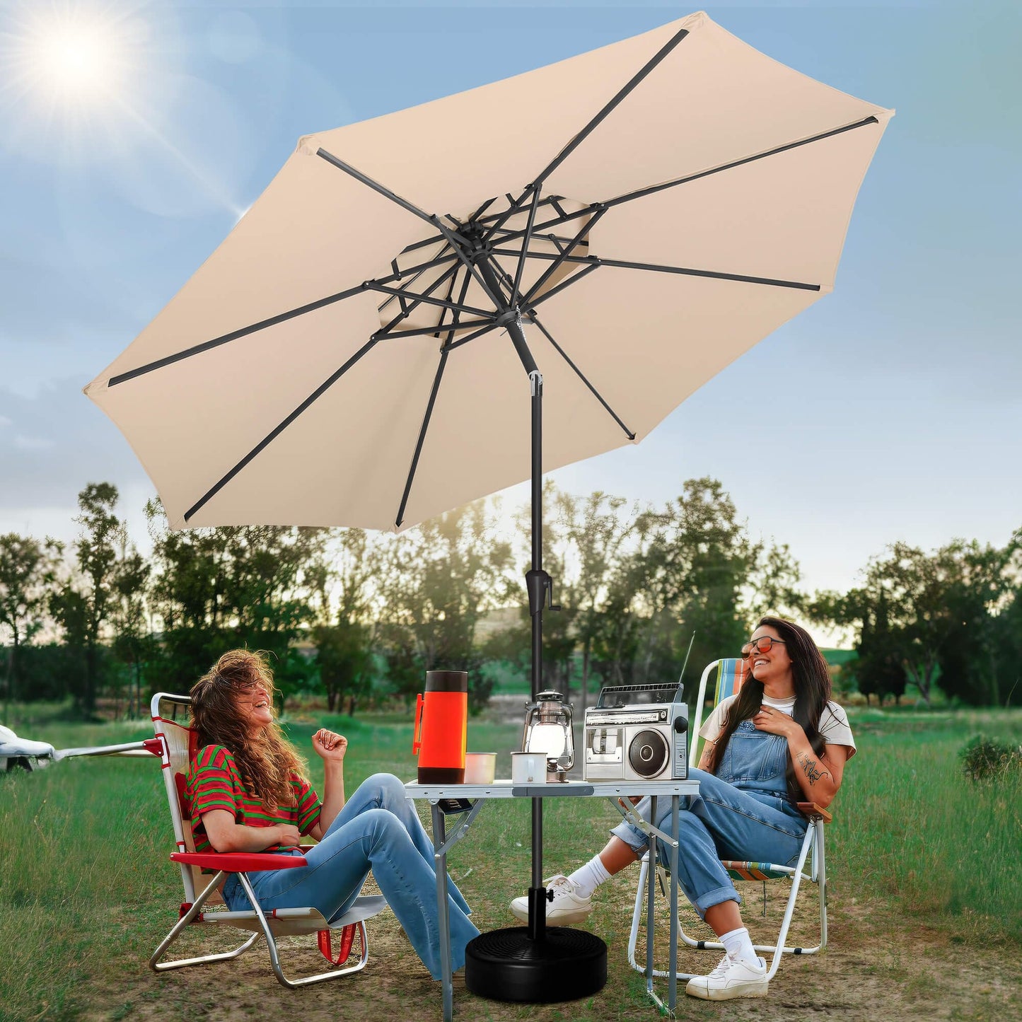 FLAME&SHADE 2 Tiers 9ft Solar Light Patio Umbrella, 40 LED lights outdoor umbrella with Centre Surround Light, Table Market Umbrella for Deck, Pool, Porch, Backyard, Garden (Beige)