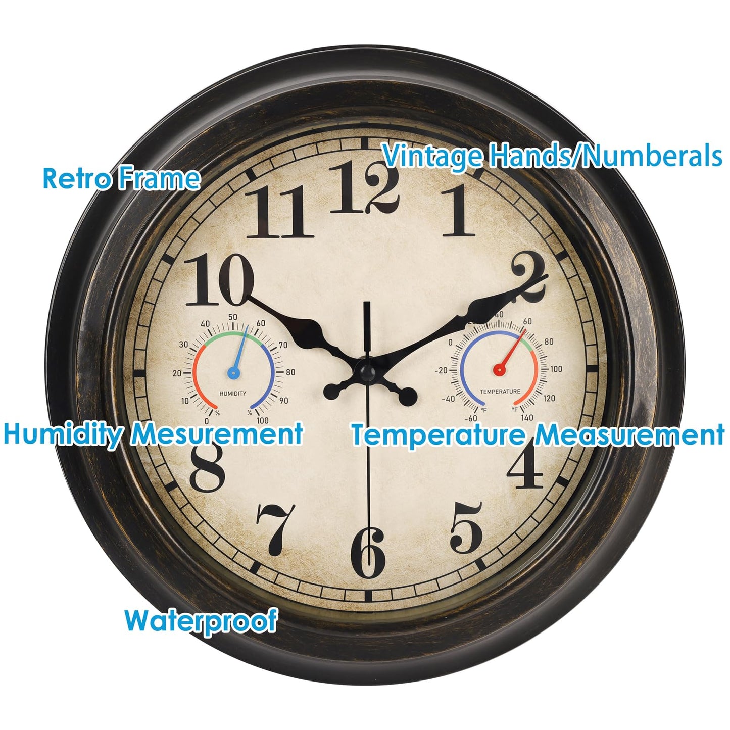 12 Inch Outdoor Clock with Thermometer and Hygrometer Combo, Waterproof Indoor Outdoor Wall Clocks for Patio, Pool,Garden Decor- Retro Bronze