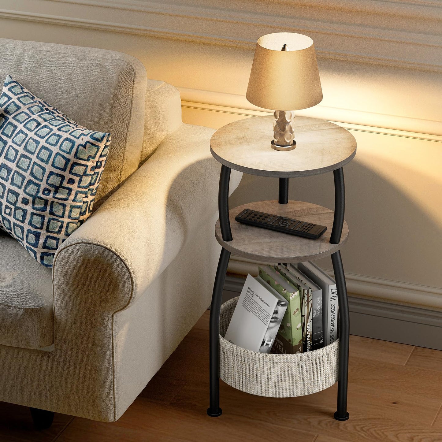 Yuede Round Side Table with Storage Basket –Small Space Saving End Table 3-Tier Coffee Table Bedside Corner Stand for Living Room, Bedroom, Garden and More 24in Tall Greige