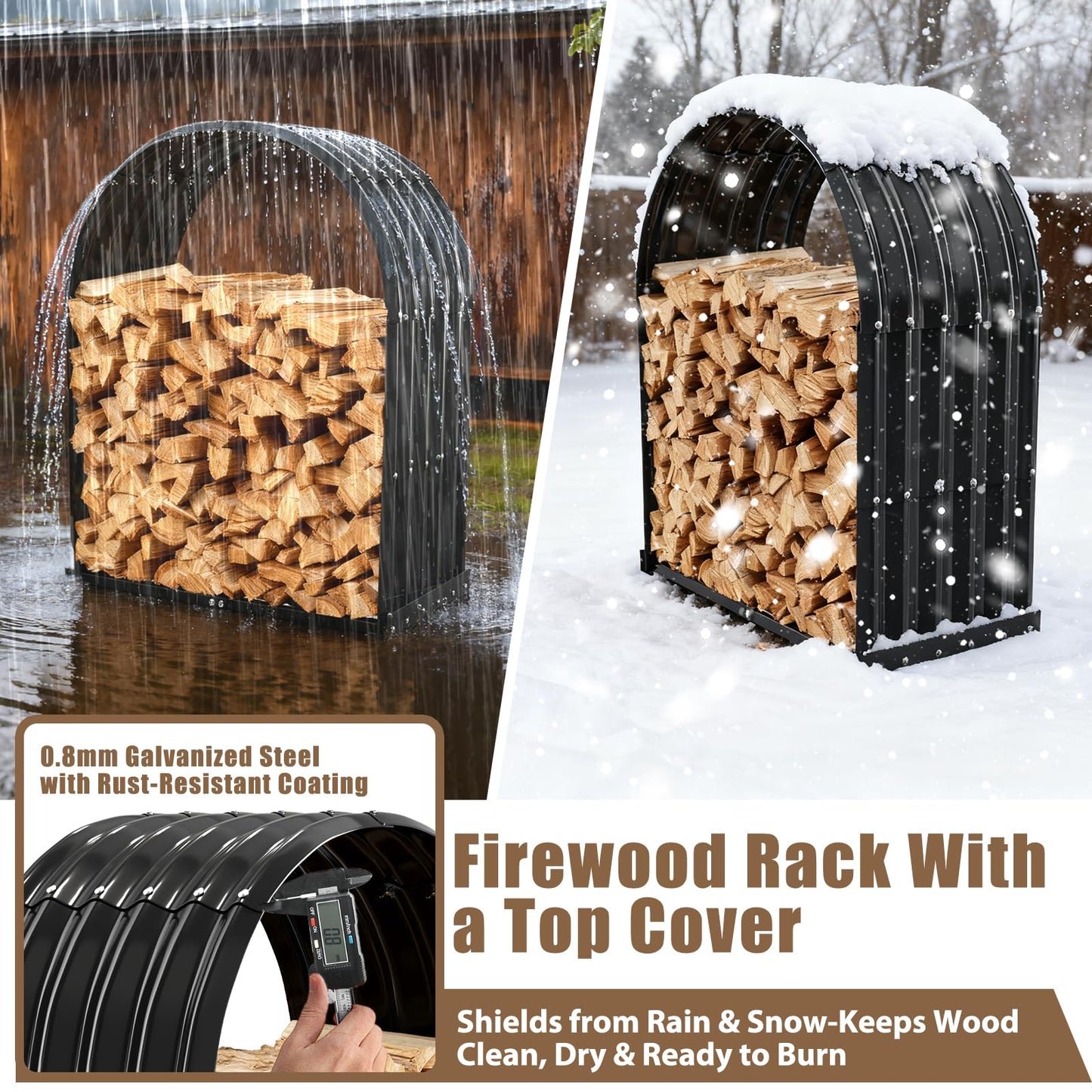 TBMLC Heavy-Duty Black Firewood Storage Shed – Metal Log Holder with 32" Round Roof – Outdoor Wood Rack for Patio, Deck & Fireplace – Weatherproof Lumber Stand for Firewood (2.7FT Diameter Roof)