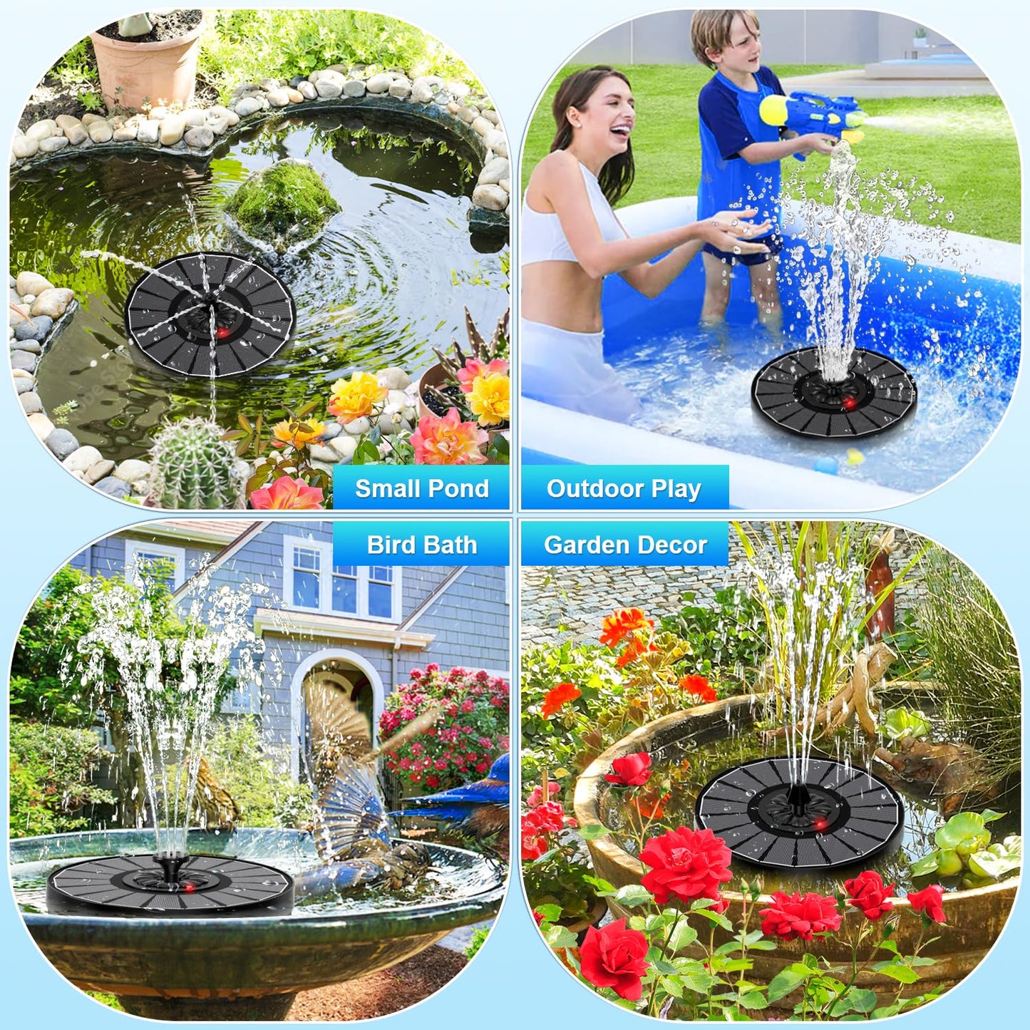 SZMP Solar Fountain Work On Cloudy Day,Solar Water Bird Bath Fountain with Faster Conversion Glass Solar Panel and Power Indicator,Built-in 2000mAh Battery,Outdoor Garden Decor(Black Panel)