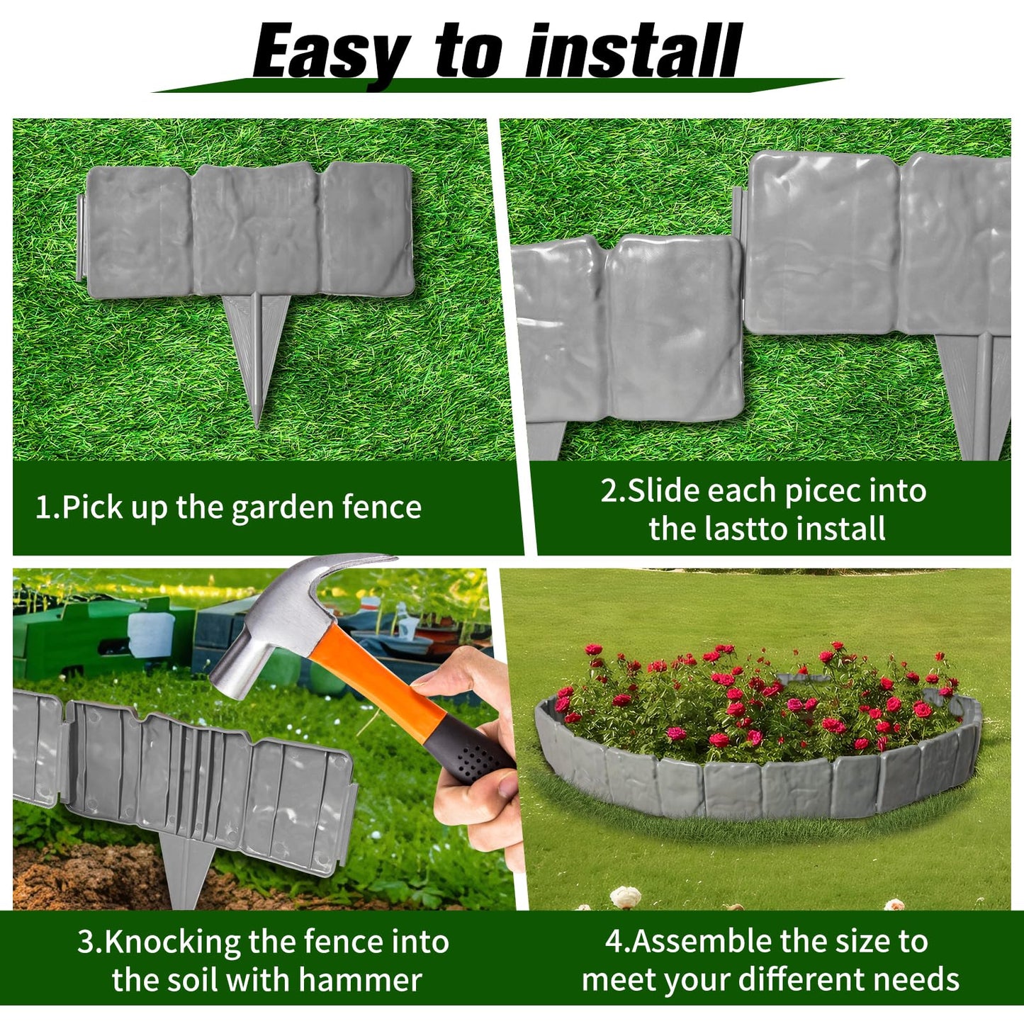 Garden Landscape Edging Borders No Dig,Lawn Edging for Landscaping,Interlocking Lawn Edging,Plastic Fencing Lawn Border,Imitation Stone Fence for DIY Outdoor Patio Balcony Yard Landscaping (40, Gray)