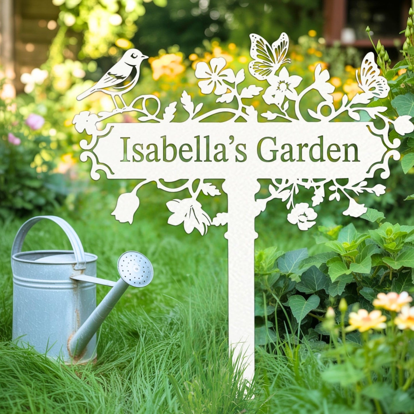 Custom Metal Garden Stake, Personalized Name Sign Decor, Hummingbird Yard Sign with Stakes, Outdoor Gardening Home Decor, Garden Metal Gifts for Gardeners