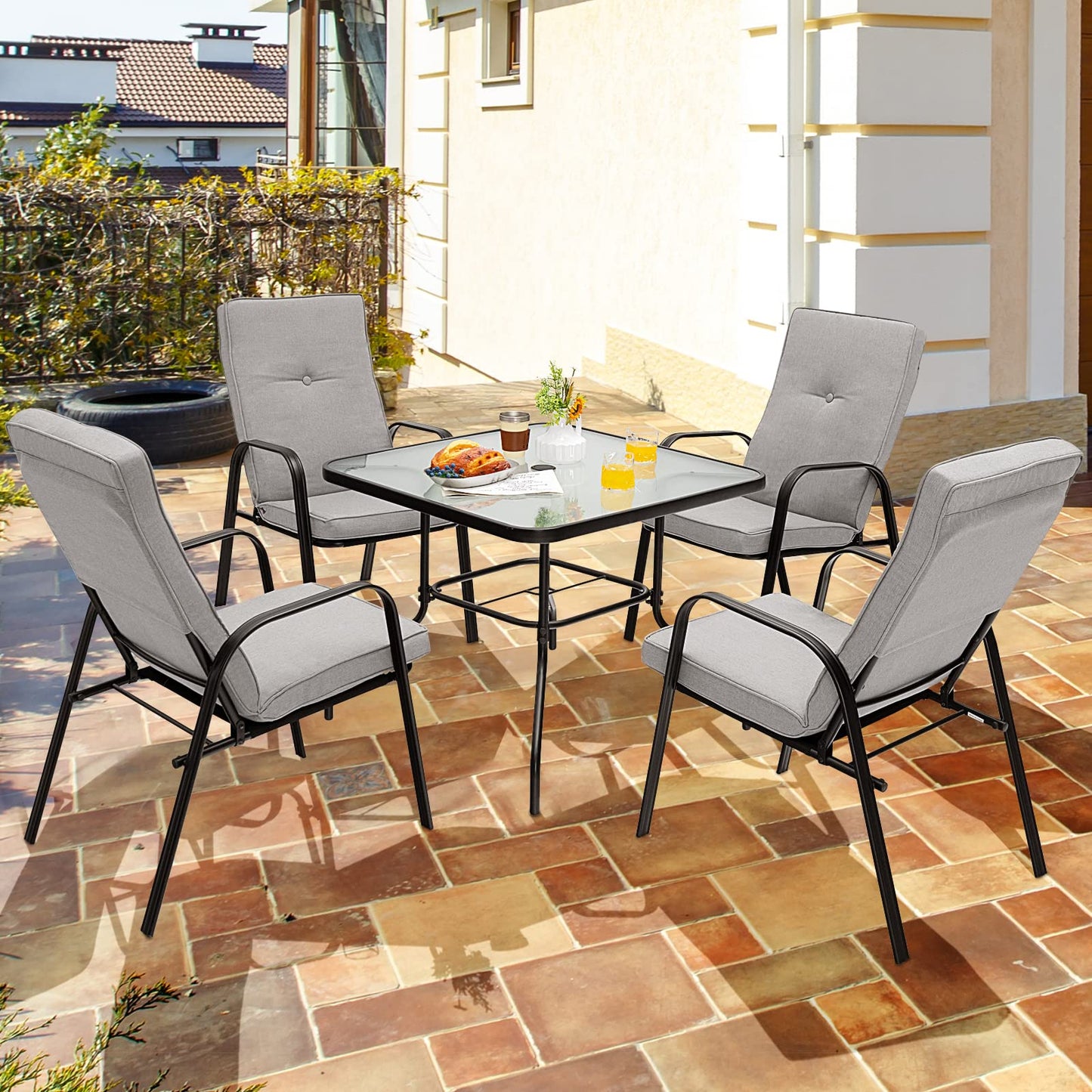 Giantex 35" Patio Table for 4 Persons, Metal Square Dining Table W/Tempered Glass Tabletop & Umbrella Hole (1 Patio Table)
