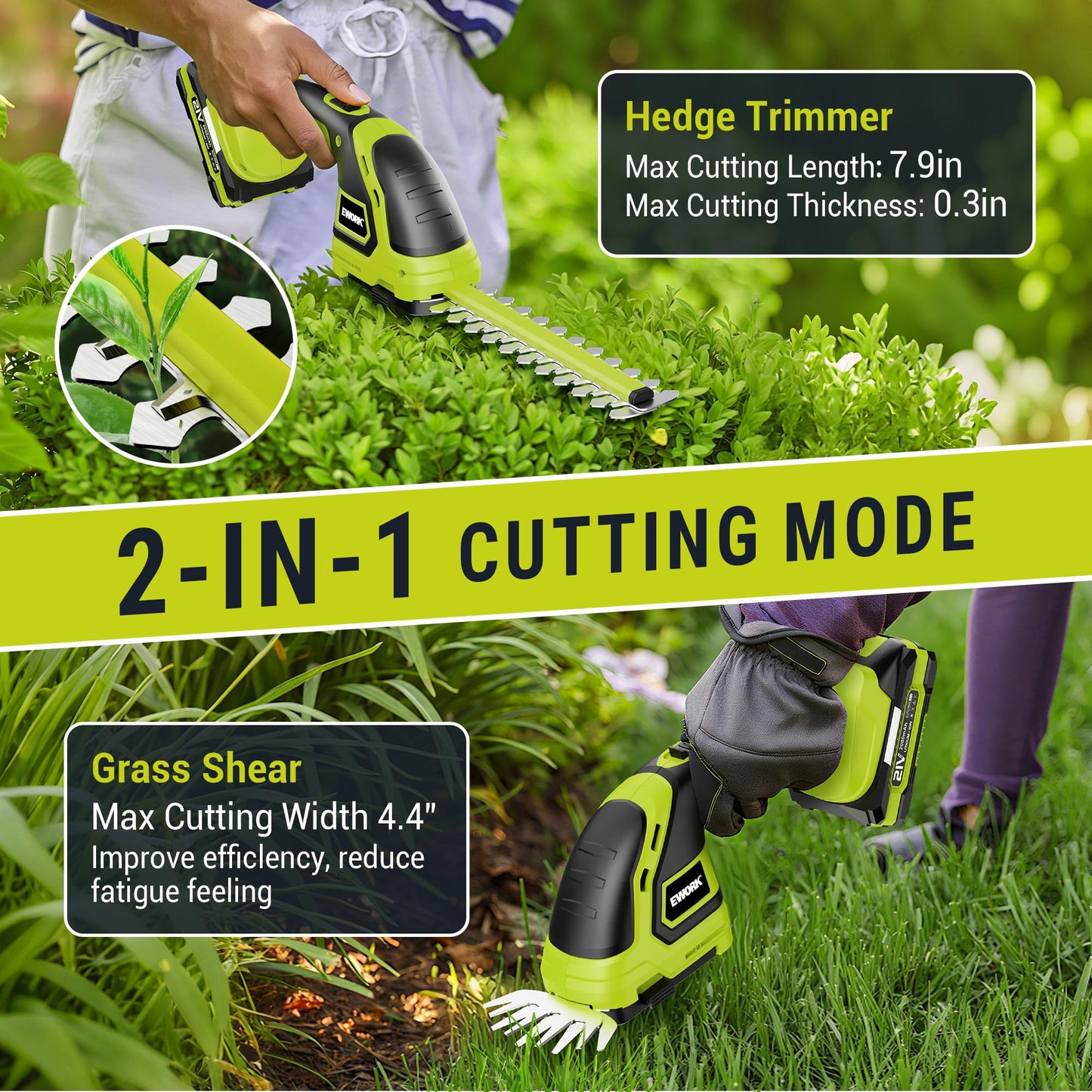 EWORK 21V Cordless Hedge Trimmer & Grass Shears 2-in-1 Handheld Electric Bush Trimmer, 2x2.0Ah Battery & Charger Included, Lightweight Shrub Trimmer for Garden Yard Lawn Patio Maintenance