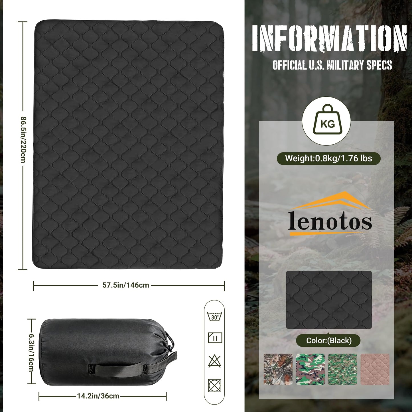 Lenotos Woobie Blanket, Thermal Insulated Military Poncho Liner, Water-Resistant, Portable, Insulation, for Hiking, Survival with Compression Carry Bag (Black)