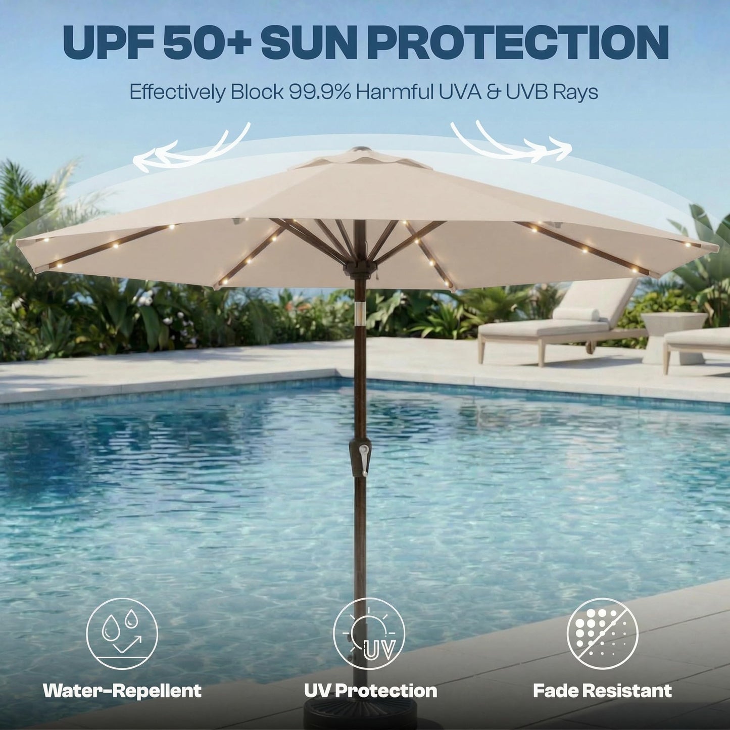 Patio Kingdom 10FT Solar Patio Umbrella with Lights, Outdoor Table Market Umbrella with 32 LED Lights, 8 Sturdy Ribs, Push Button Tilt and Crank for Pool, Deck and Garden, UV-Resistant, Beige