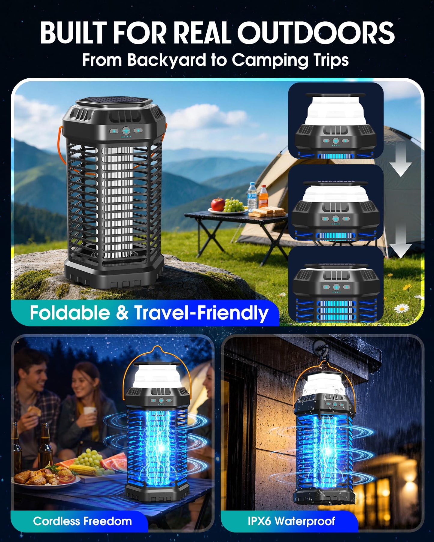 GTERT Solar Bug Zapper Outdoor – Ultra-Strong Fly & Mosquito Zapper, Solar-Powered Rechargeable Bug Zapper, Portable Cordless Insect Zapper, Foldable Adjustable Outdoor Light, IP66 Waterproof (Black)