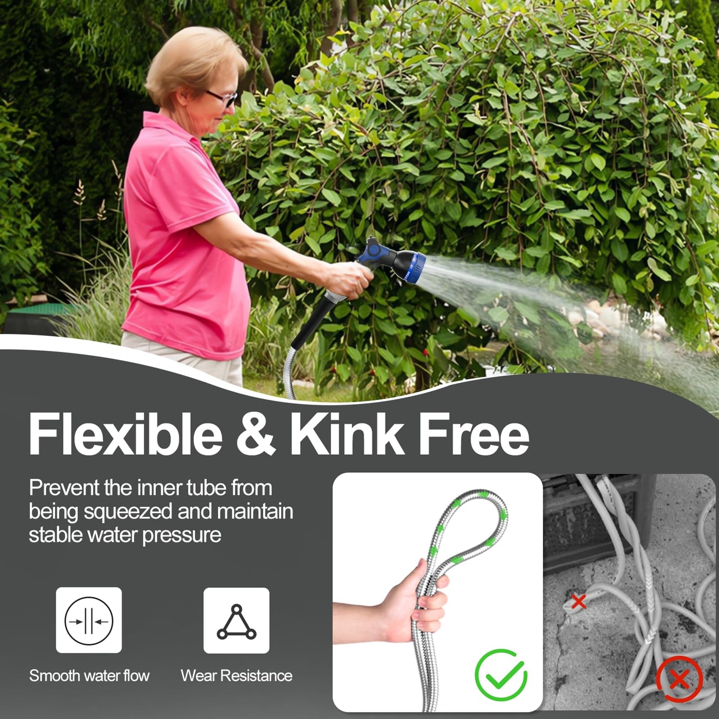 SPECILITE 100ft 304 Stainless Steel Garden Hose Metal, Heavy Duty Water Pipe with Nozzles for Yard, Outdoor - Flexible, Never Kink & Tangle, Puncture Resistant (Sliver)