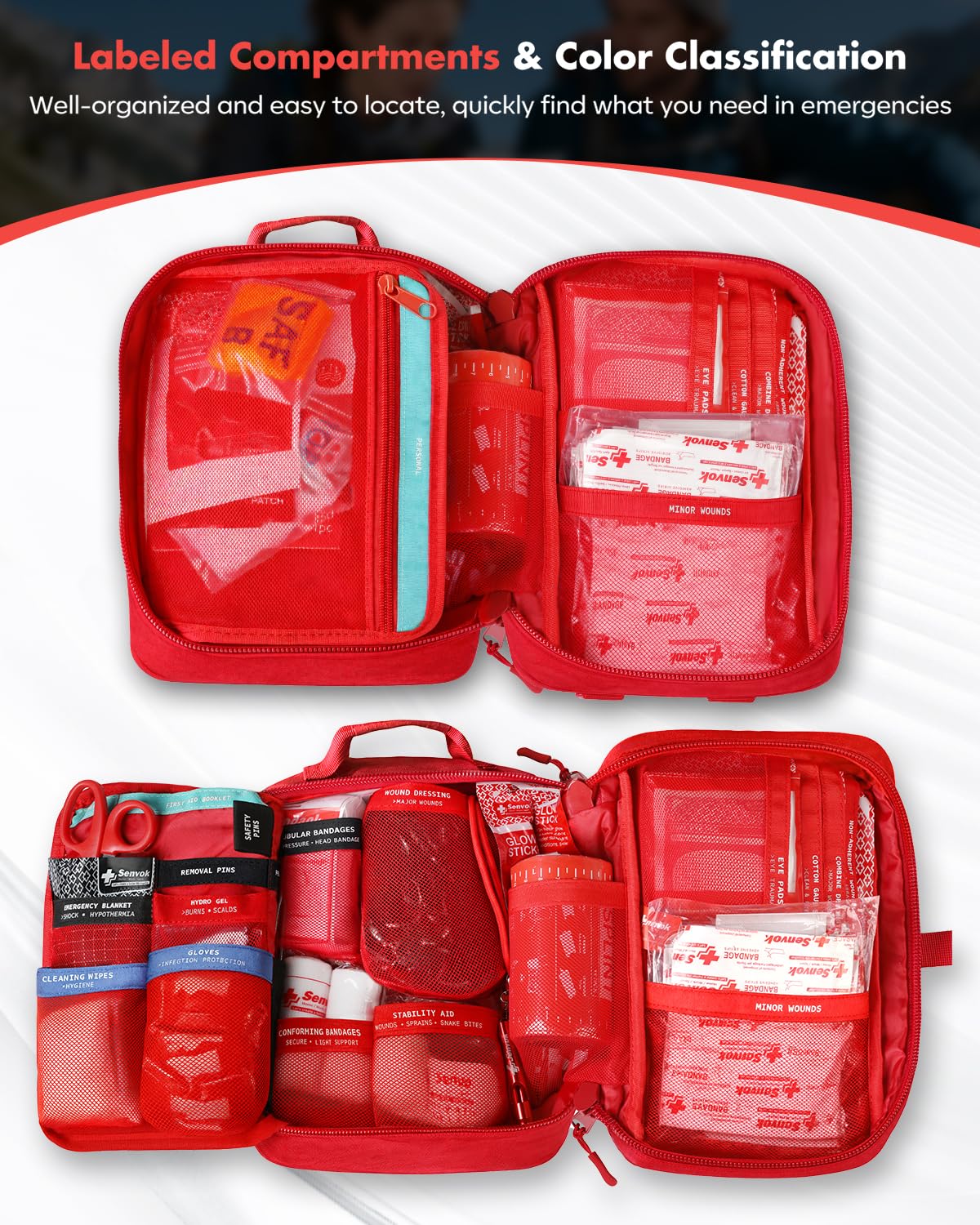 Senvok Large First Aid Kit for Car, Home & Travel - Emergency Survival Kit with Zip Stitch Wound Closure and Molle Pack Pockets - Ideal for Camping, Hiking, Outdoor Adventures