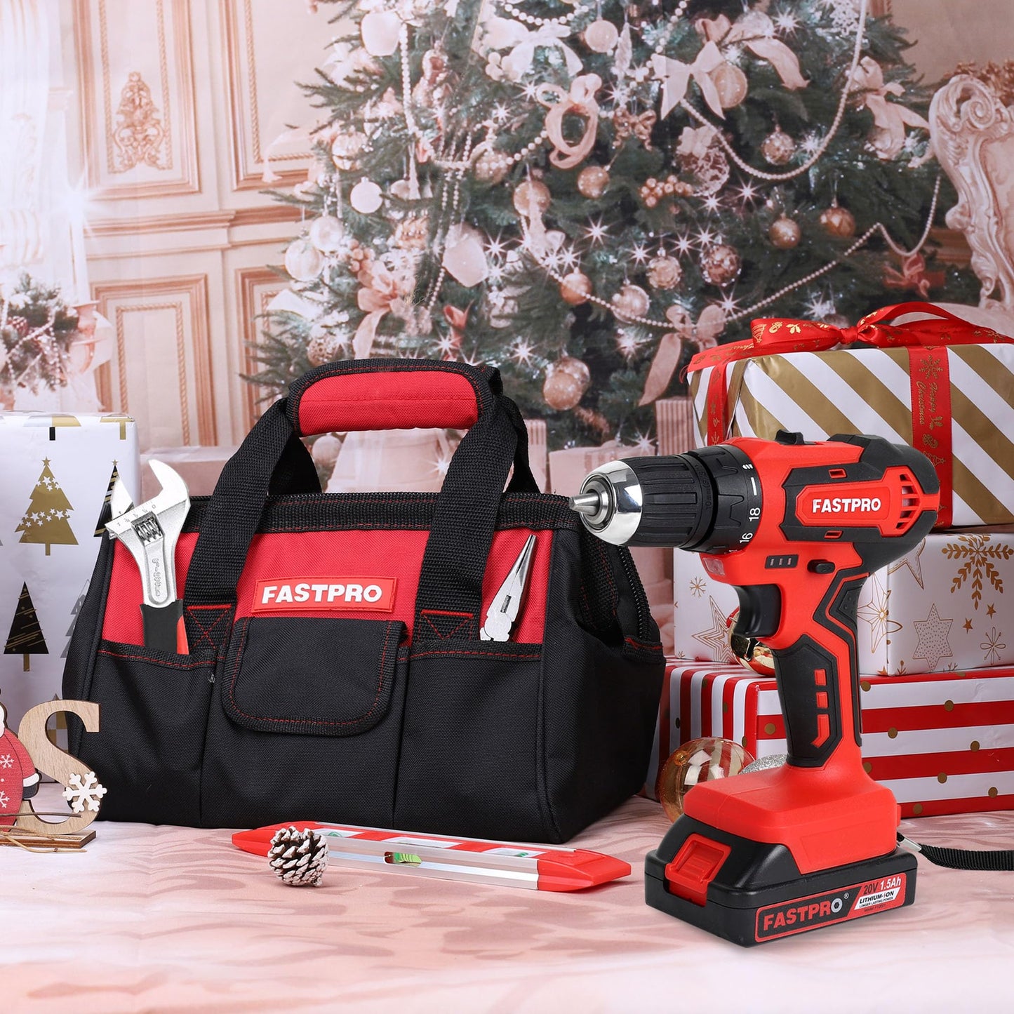 FASTPRO 232-Piece Home Tool Set with Drill, 20V Cordless Drill Driver, Household Repairing Tool Kit with Drill, 12-Inch Wide Mouth Storage Tool Bag Included, Red
