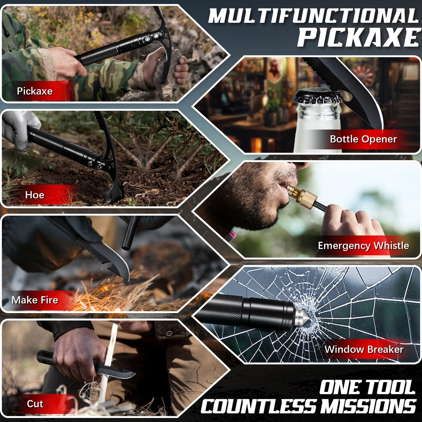 FUSIONKEI Pick Axe 8 in 1, Folding Pickaxe Mattock with Multi-purpose Garden Hoe and Survival Knife, Stainless Steel Pick Axes for Digging, Ice Chipping and Weeding