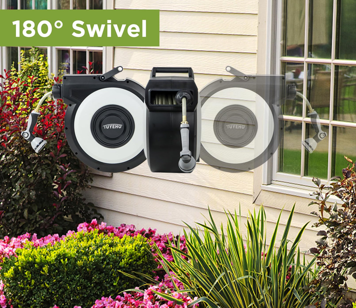 Tuyeho Retractable Garden Hose Reel 130 FT, Wall Mount Heavy Duty Water Hose Reels with Automatic Slow Rewind System, Outdoor Hoses Reel with 2 Hose Nozzles for Garden Watering, Car Wash, Pet Shower