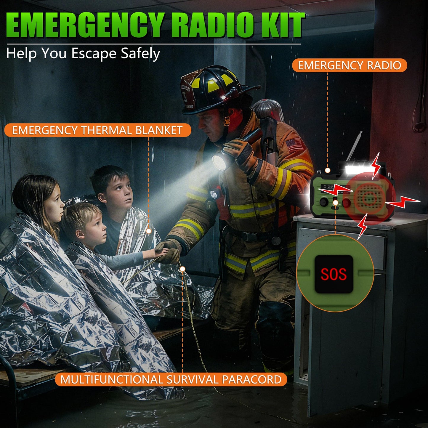 Emergency Radio Hand Crank Solar, 10000mAh/37000mWh Emergency Weather Radio, Hand Crank Solar Radios with NOAA/AM/FM, Thermal Blanket, Survival Bracelet, for Home & Outdoor