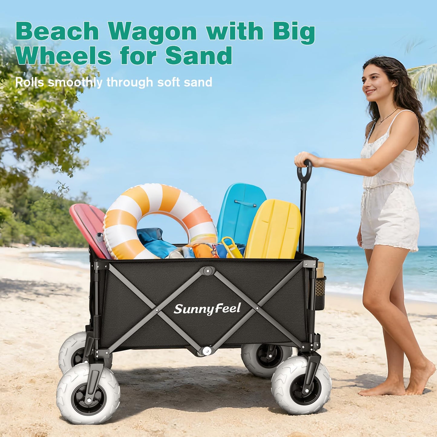 SUNNYFEEL 41" L Beach Wagon with Big Wheels for Sand - 550lbs Heavy Duty Folding Beach Wagon - All Terrain Steel Frame with 9" Pneumatic Tires for Beach,Camping,Sports,Garden (Black)