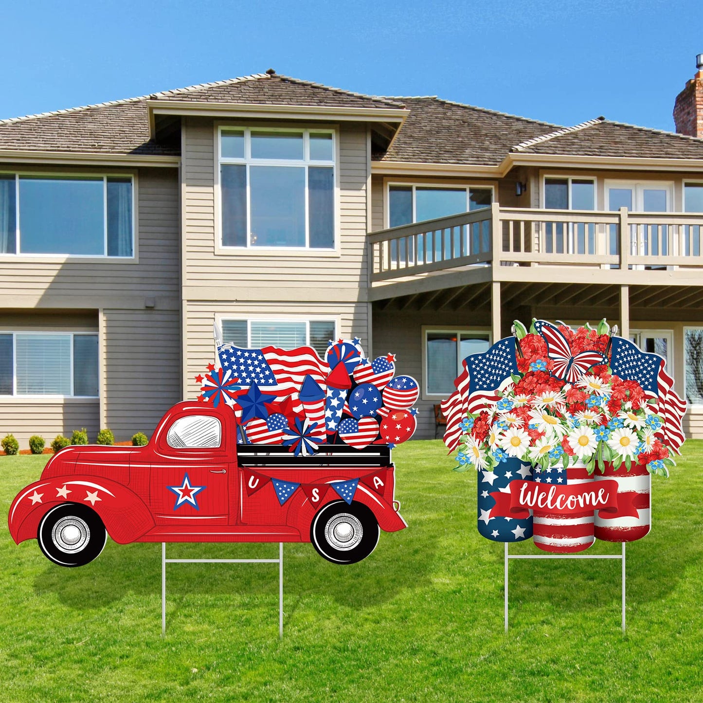 2 Psc 4th of July Yard Sign Patriotic Decorations Outdoor 250th Anniversary Memorial Day Welcome Sign with Stakes Weatherproof Independence Day Truck Flower Home Yard Decor for Garden Lawn