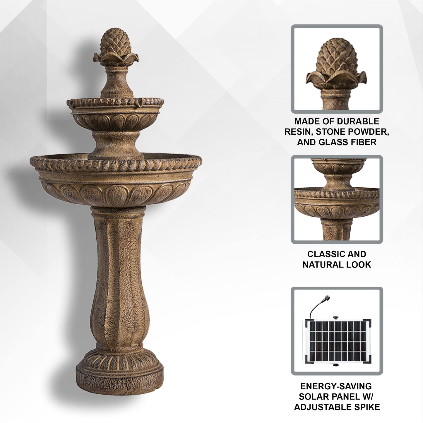 XBrand 39" Solar Water Fountain, 2-Tier Outdoor Sand Stone Resin with Solar Panel & Pump for Home Garden Yard Decor