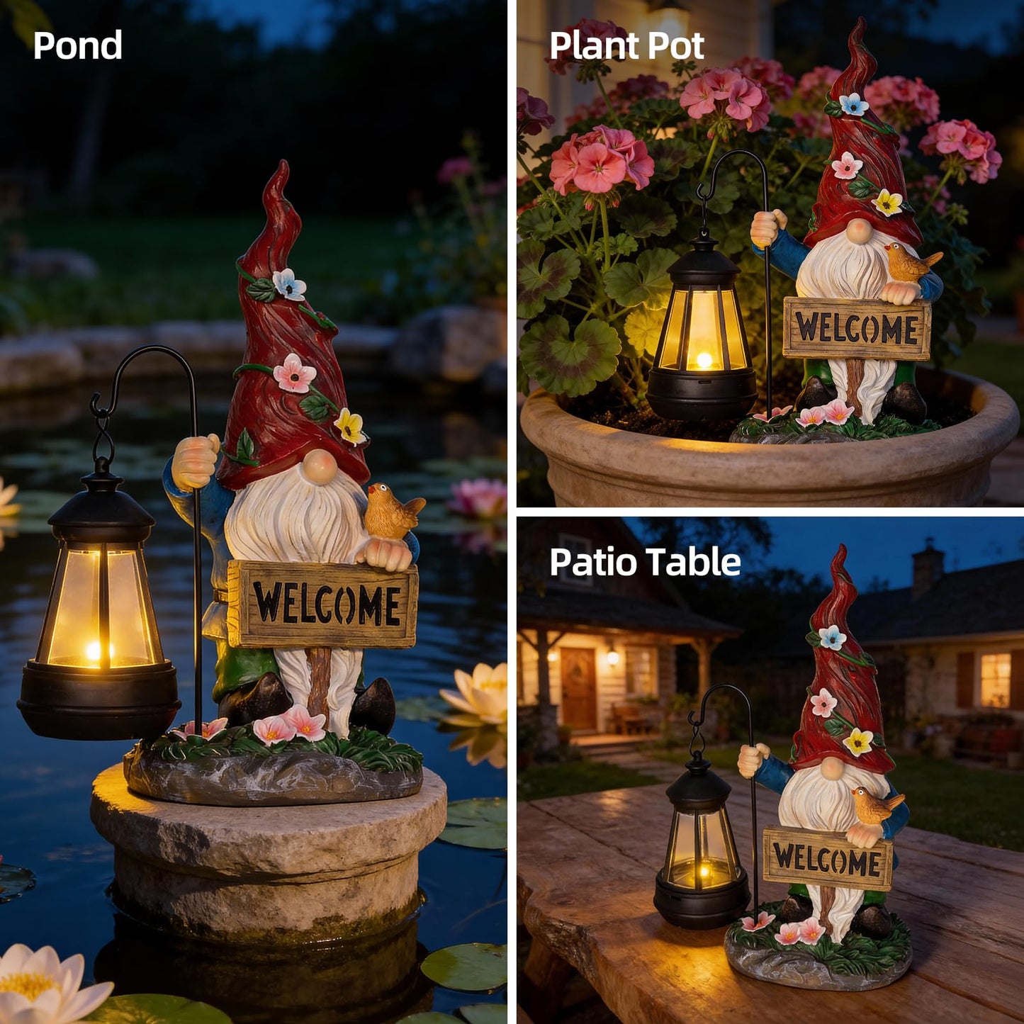 Garden Decor Gnomes Outdoor Statue with Solar Lights-Solar Garden Gnomes Decorations for Patio Lawn Yard Balcony with Lantern,Welcome Sign with Butterfly Flower, Birthday Gifts for Women Mom Grandma