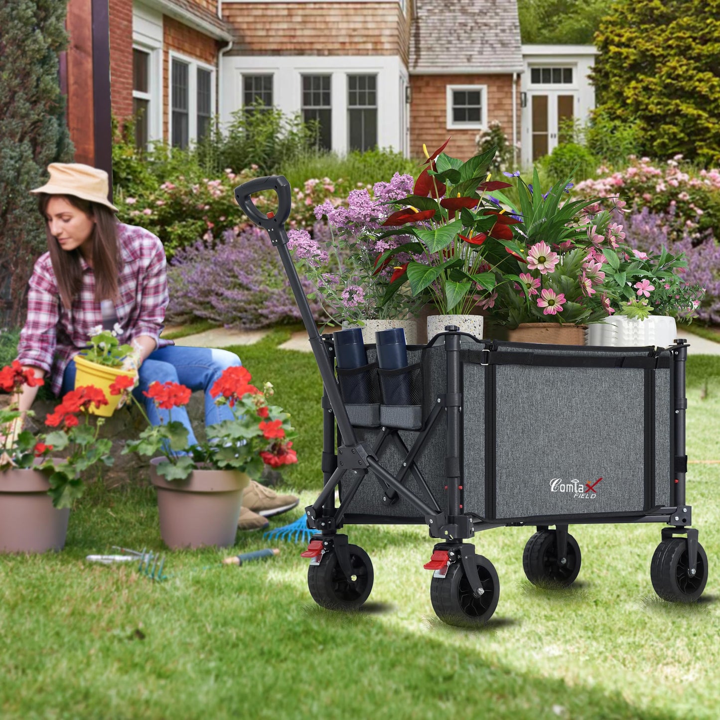 COMLAX FIELD Collapsible Wagon Cart Foldable with Big Wheels Brakes, 250lbs Folding Utility Lightweight Garden Wagon, Portable Grocery Cart for Camping Shopping Sports Pets, Grey