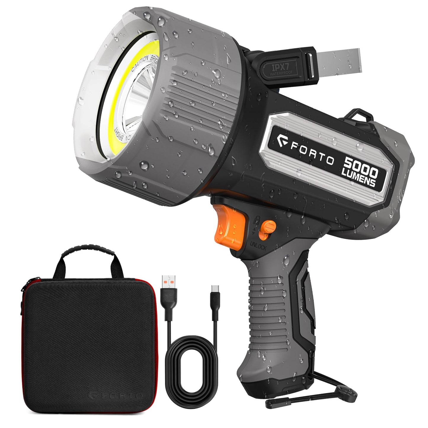 FORTO Rechargeable Spotlight 5000 Lumen Ultra Bright IPX7 Waterproof Spotlight, Boat Flashlight with EVA Carrying Case, 7 Light Modes Handheld Spotlight Flashlight for Marine Boat Hunting