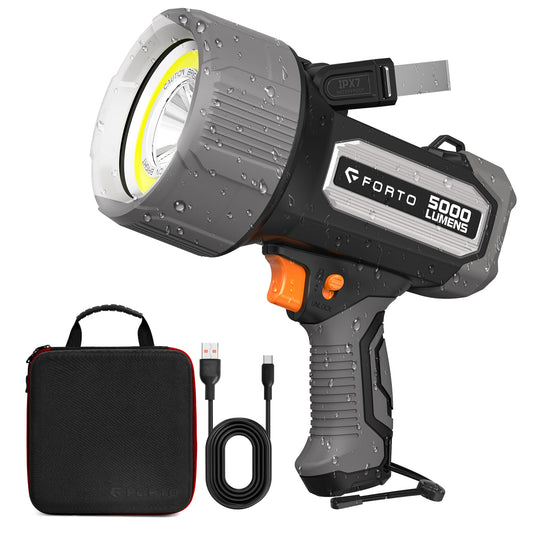 FORTO Rechargeable Spotlight 5000 Lumen Ultra Bright IPX7 Waterproof Spotlight, Boat Flashlight with EVA Carrying Case, 7 Light Modes Handheld Spotlight Flashlight for Marine Boat Hunting