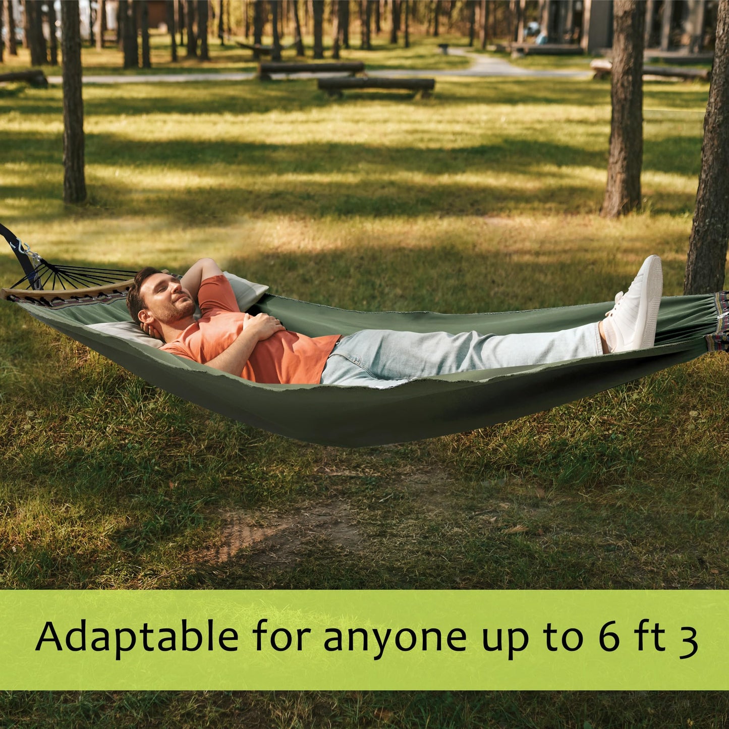 Tranquillo Double Hammock 2 Persons Cotton Canvas 600 lbs Portable Camping Hammock with Solid Curved Wood Spreader Bar Hammock for Camping Travel Indoor Patio Garden, Sage