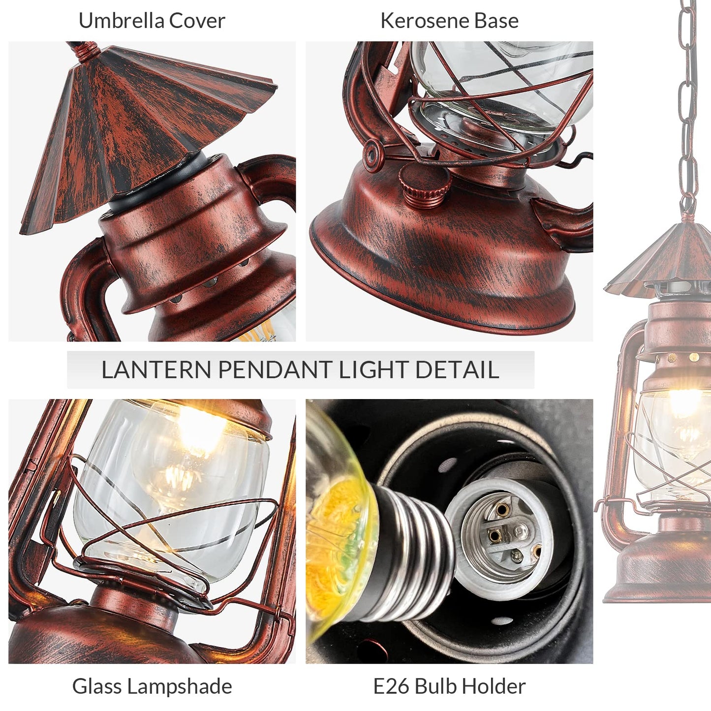 NOXARTE Vintage Pendant Light Lantern Ceiling Light Fixture with Glass Shade Adjustable Chain for Kitchen Island Farmhouse Loft Porch Width 7 Inch x Height 15 Inch