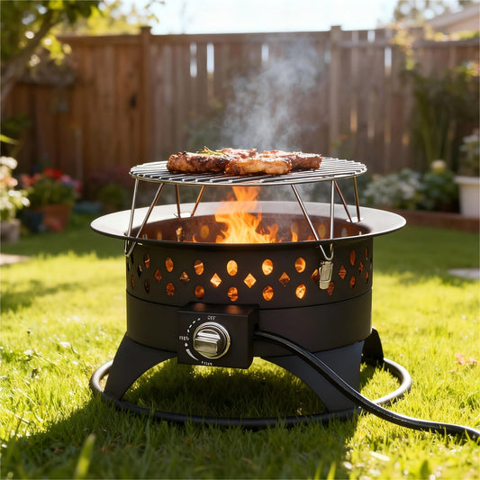 Breezz 20 Inch Propane Fire Pit with Grill, 60000 BTU Smokeless Gas Firepit for Outside Patio,with Foldable Cooking Grate & 7 lbs Lava Rocks, Adjustable Flame, Outdoor Camping BBQ