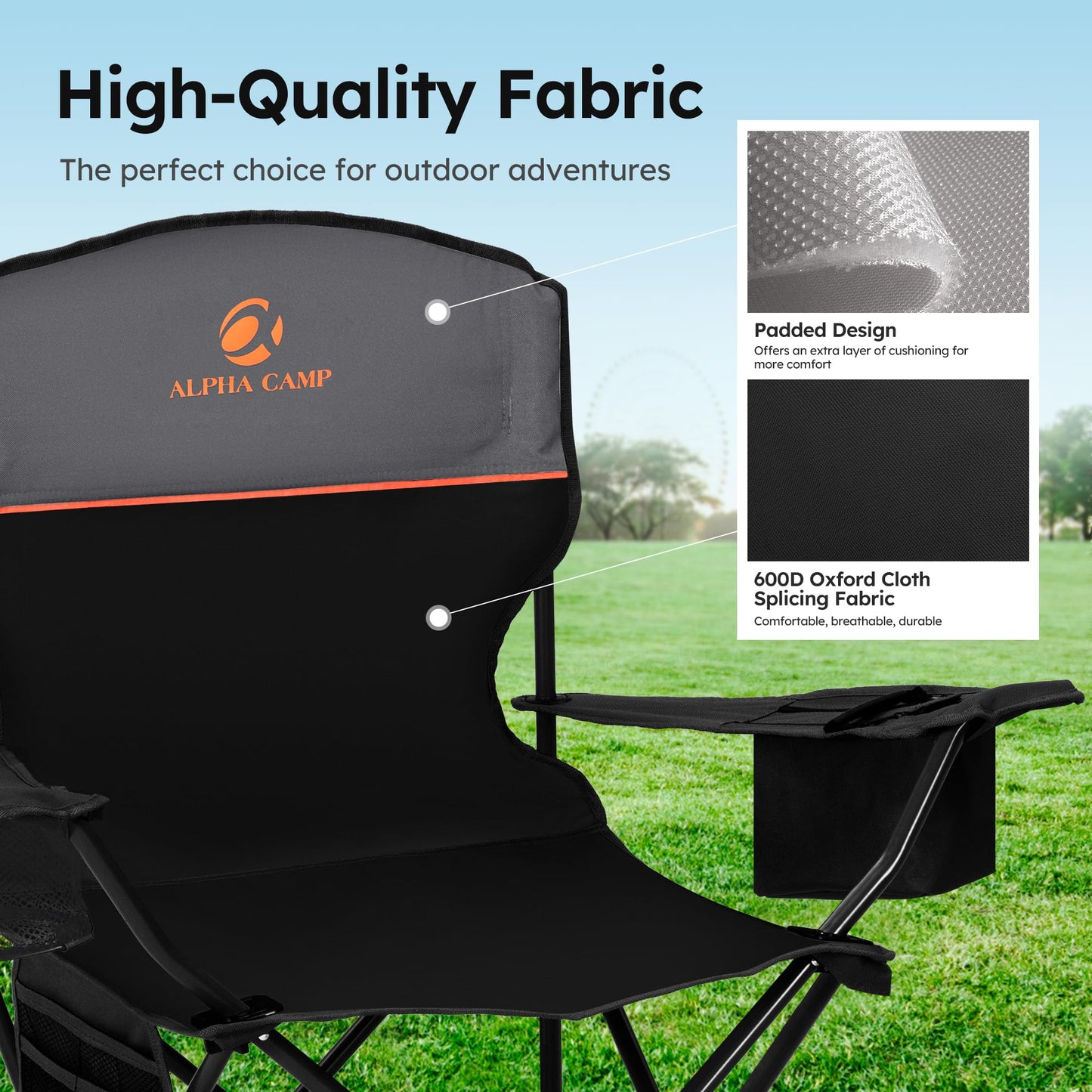 ALPHA CAMP Camping Chairs 350LBS Capacity, Heavy Duty Folding Chair with 4-Can Cooler Bag, Portable Outdoor Chair with Cup Holder for Adults, Collapsible for Tailgating, Beach, Fishing,Black