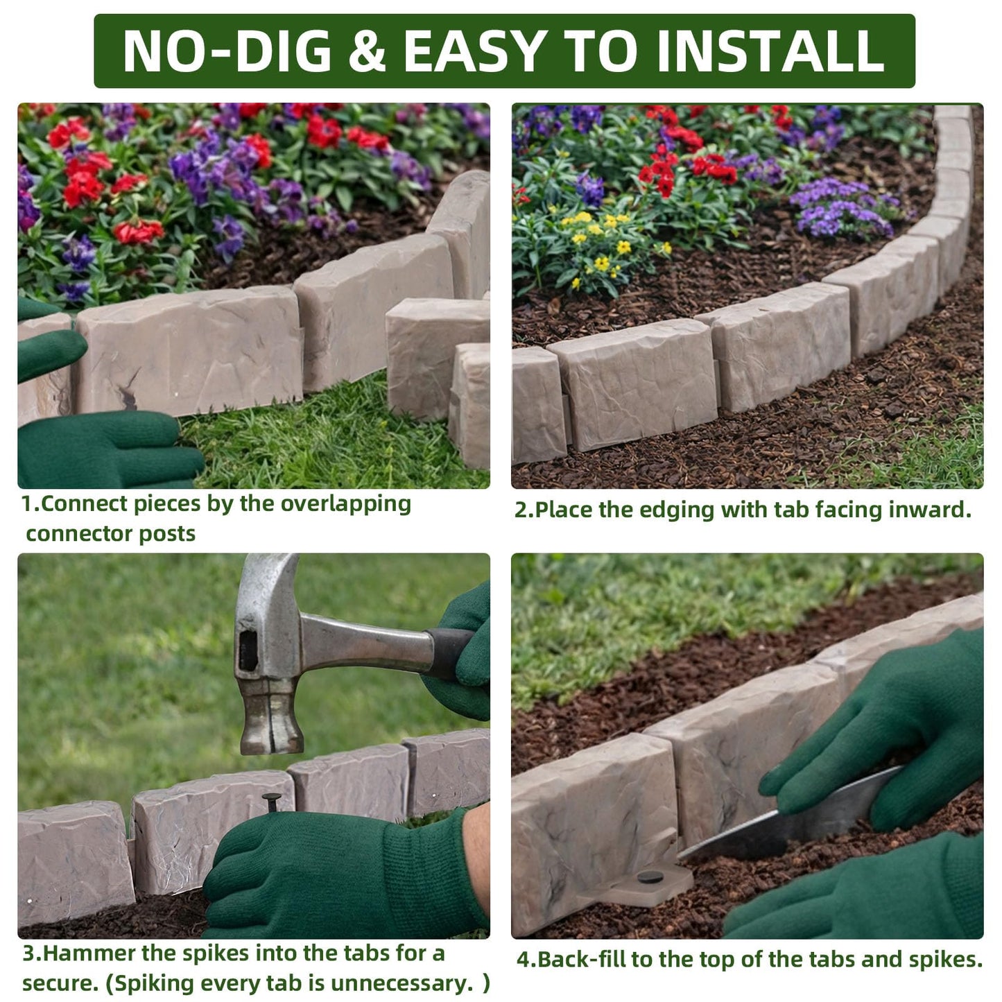Landscape Edging Faux Stone Garden Edging Border with Anchoring Spikes,2.75 in Tall Decorative Stone-Look Garden Border for Flower Bed Edging,Lawn,Landscaped Yard,Trees and Gardens,91FT,Brown