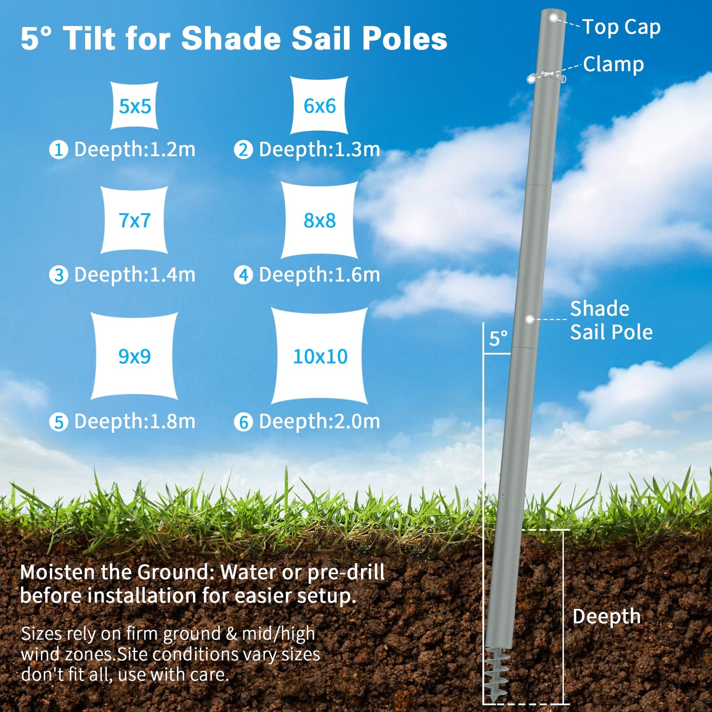 Miveda Shade Sail Poles, 12Ft Sun Shade Sail Poles with Spiral Drill Bit, 2.26" Diameter Heavy Duty Shade Sail Post with D-Clamp for Garden Yard Backyard, 2 Pack