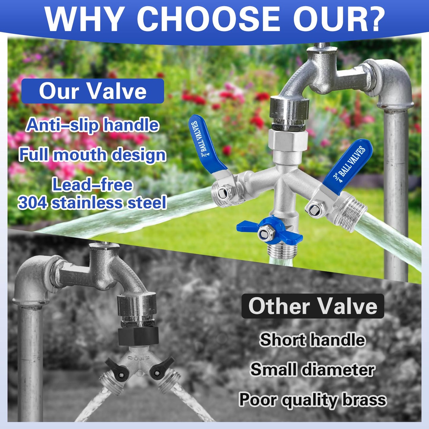 Garden Hose Splitter 3 Way, Heavy Duty 304 Stainless Steel Hose Splitter with Shut-off Valves, Full Flow Garden Water Hose Bib Spigot Splitter, 3/4'' GHT Thread Outdoor Faucet Splitter