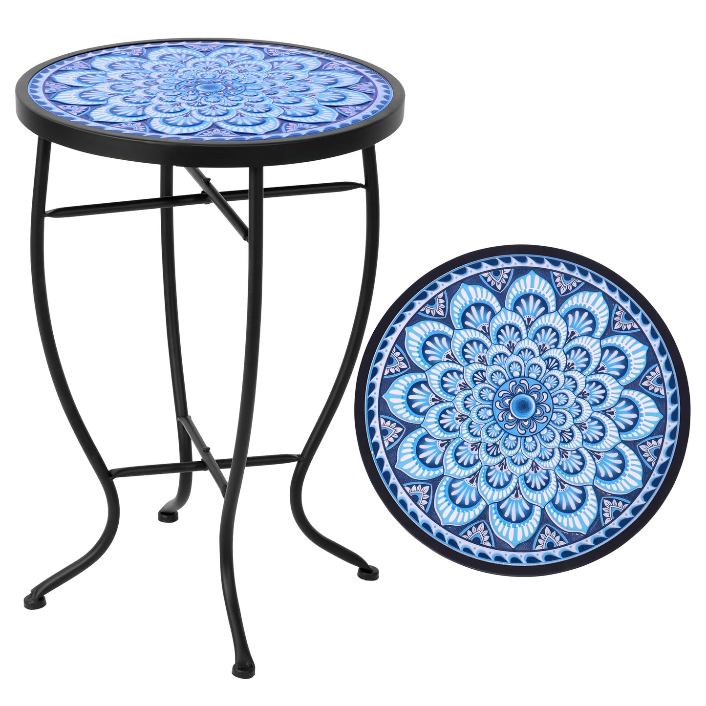 Elevon 14 Inch Round Side Ceramic Tile Top Indoor and Outdoor Accent Table, Greek