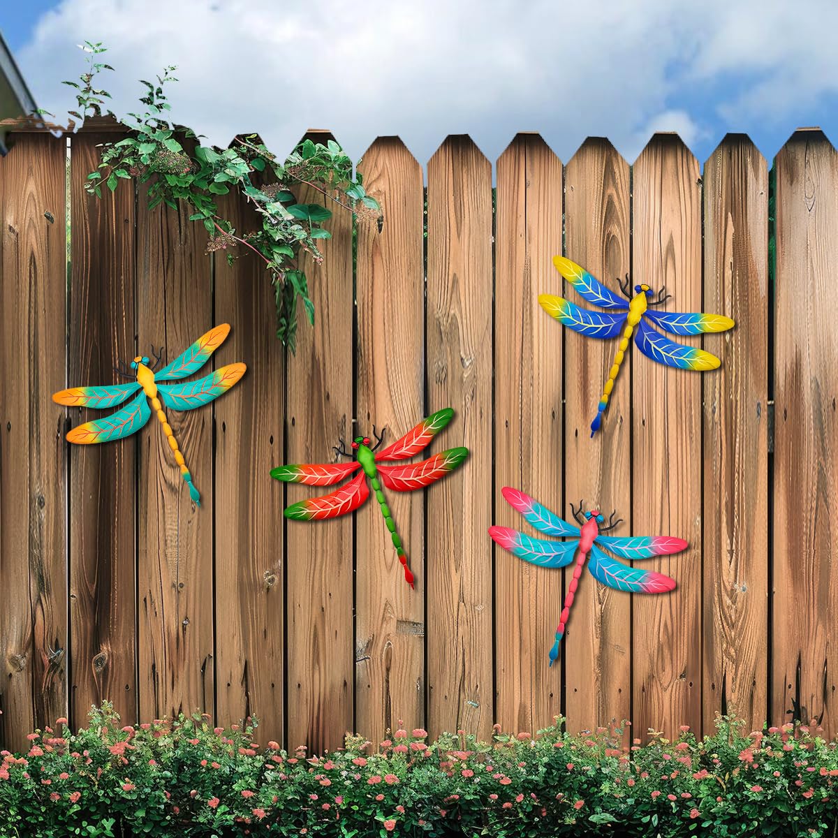 Metal Dragonfly Wall Decor, 4 Pack 13 inch Metal Dragonflies Wall Hanging Sculpture Decorations for Outdoor, Yard Patio Fence Garden Outside Exterior Decor