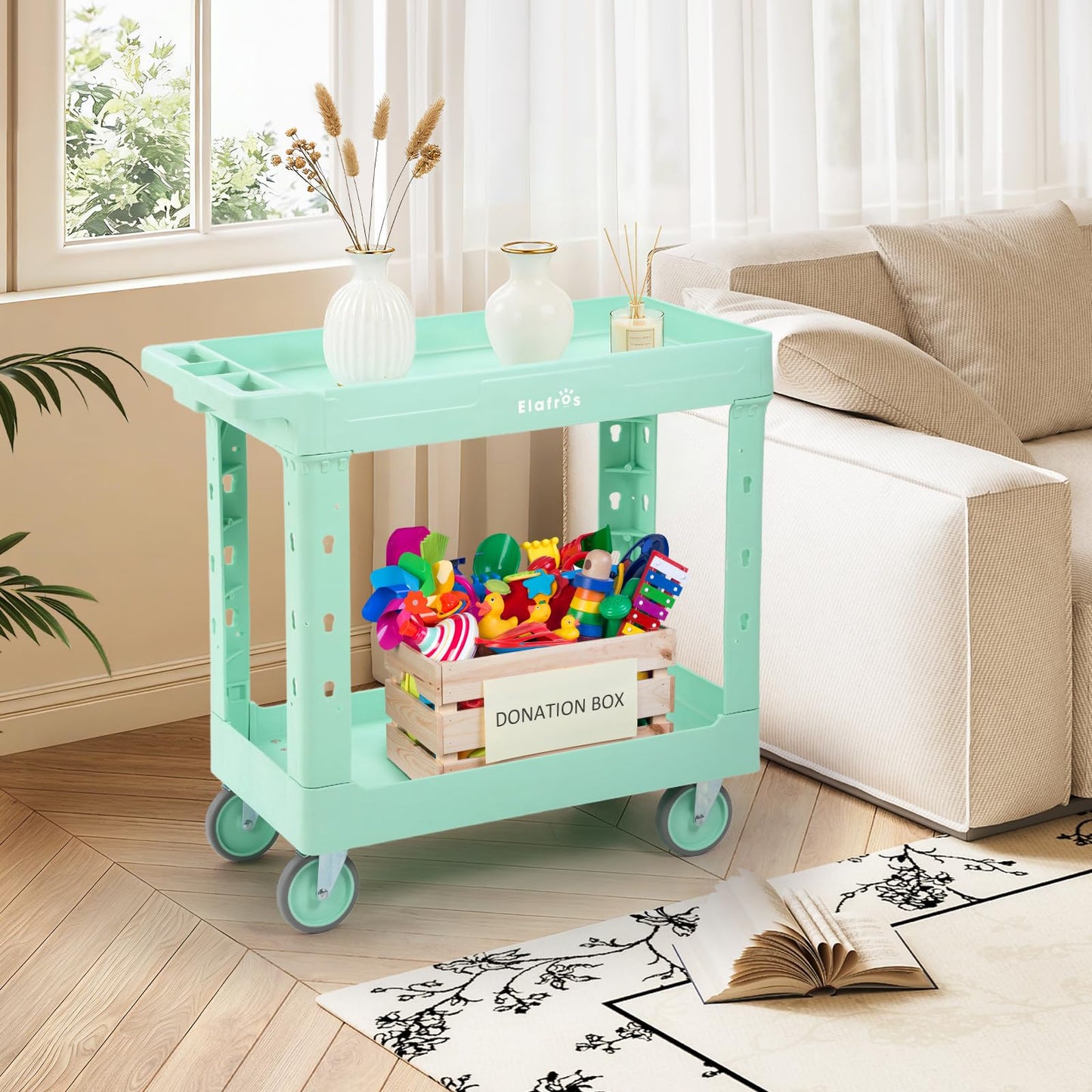 ELAFROS Rolling cart, Utility Trolley, 34 x 17 in Plastic Cart with 2 Deep Tub Shelves, Full Swivel Wheels, 550 lbs Capacity, Mint Green