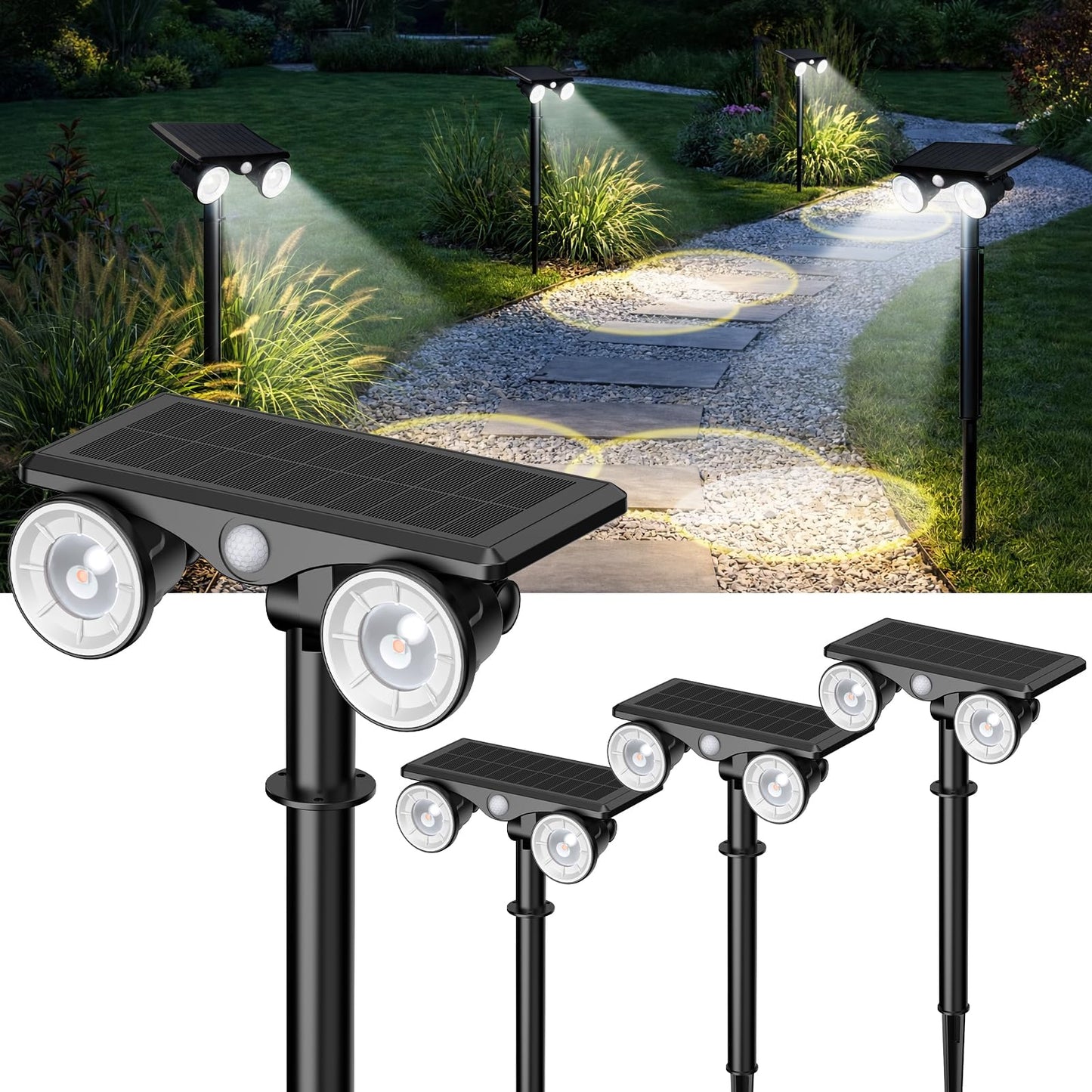 POOWUUDT Large Solar Spot Lights Outdoor Motion Sensor 4 Pack,2 Modes Waterproof Landscape Lighting for Yard Garden Pathway,2-in-1 Wall&Spot LED Lights with 360° Adjustable Dual Heads(Cool White)