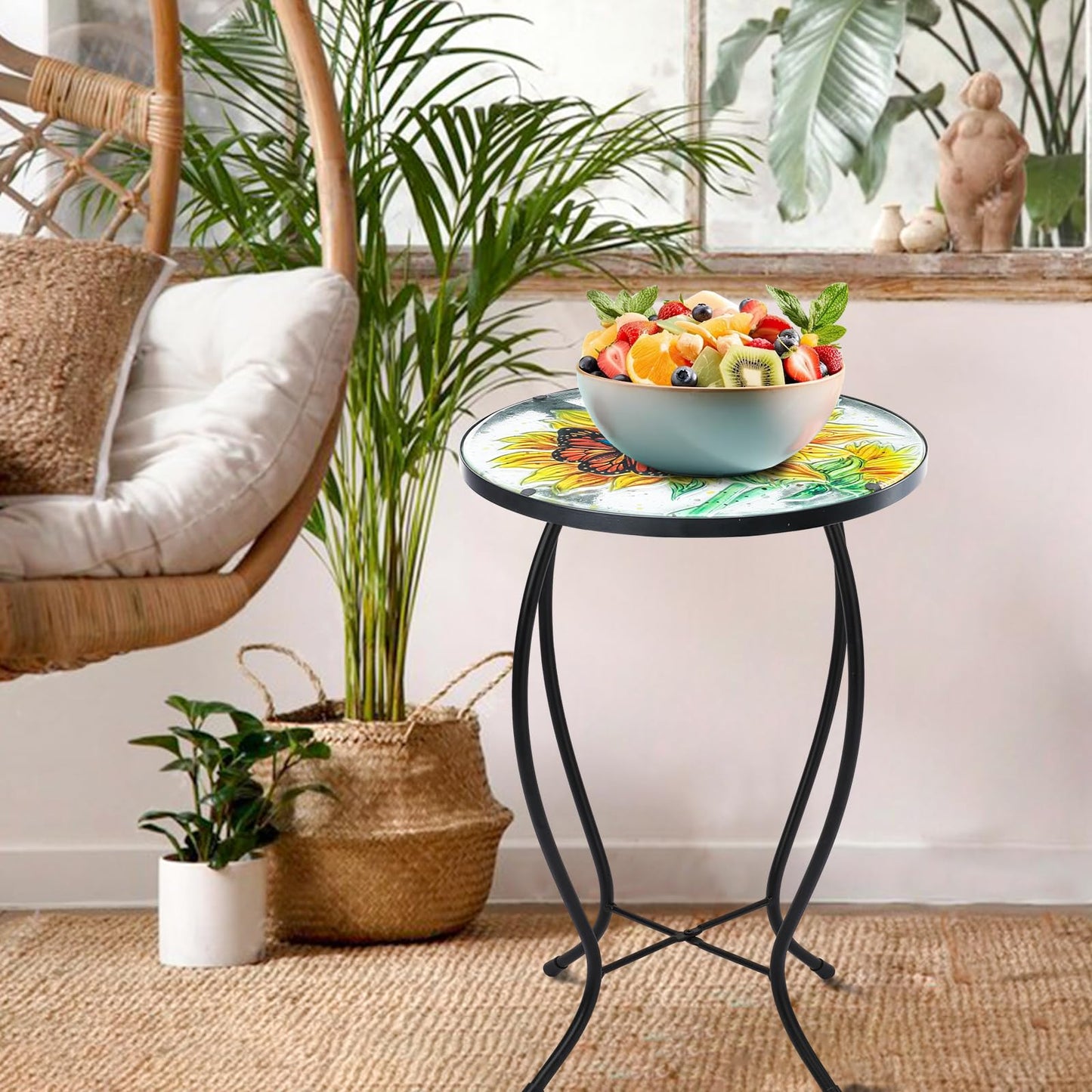 VCUTEKA Patio Side Table Outdoor Accent Table Bistro Coffee Table Plant End Table Small Porch Table Indoor Round Glass Balcony Plant Table Stands Sunflower 14''