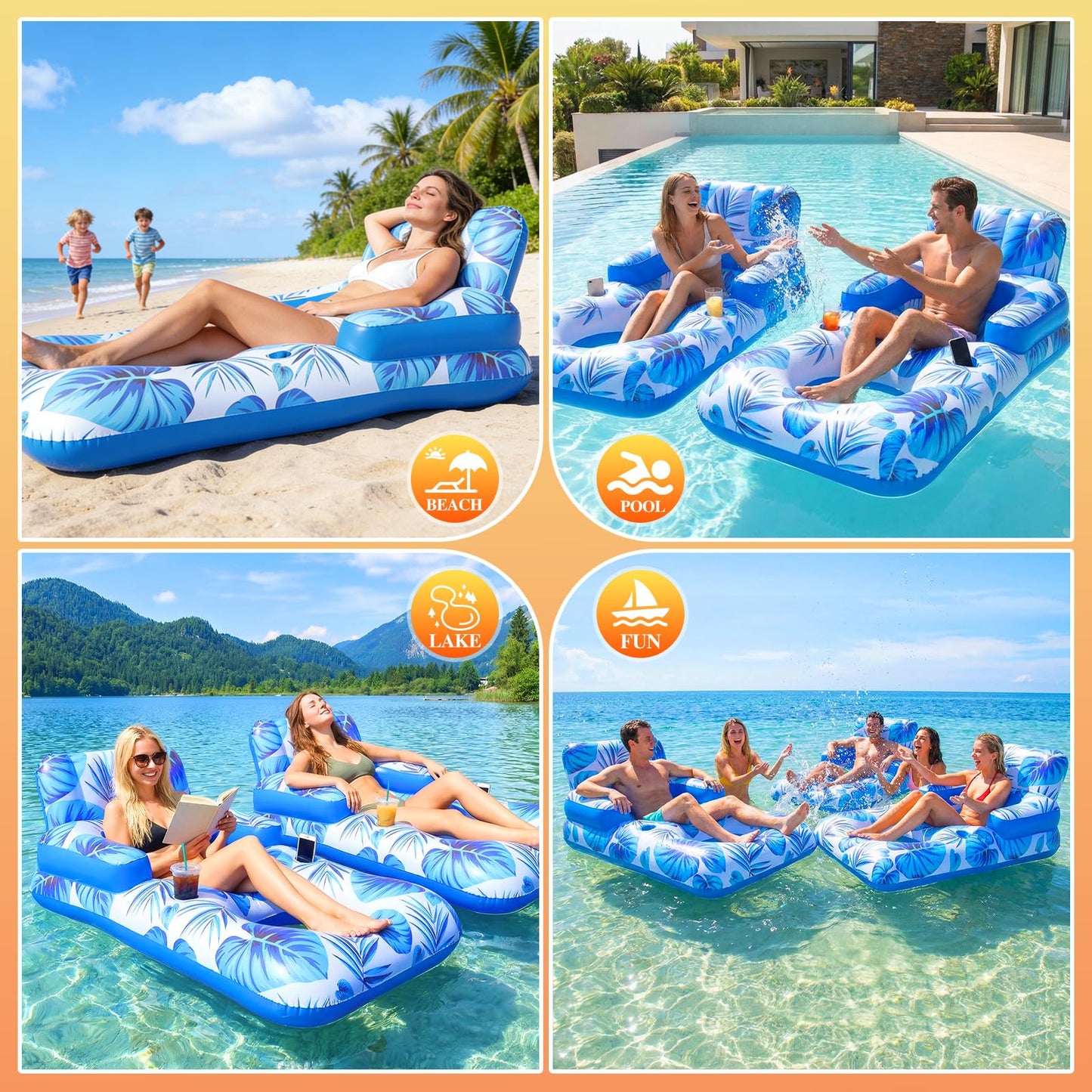 Shinepool Pool Floats Adult, 65" Thicken PVC Inflatable Pool Chair Lounger Rafts with Cup & Phone Holder & Headrest Backrest Footrest, Comfort Pool Floaties for Adults Lake Beach Party Outdoor (1PC)
