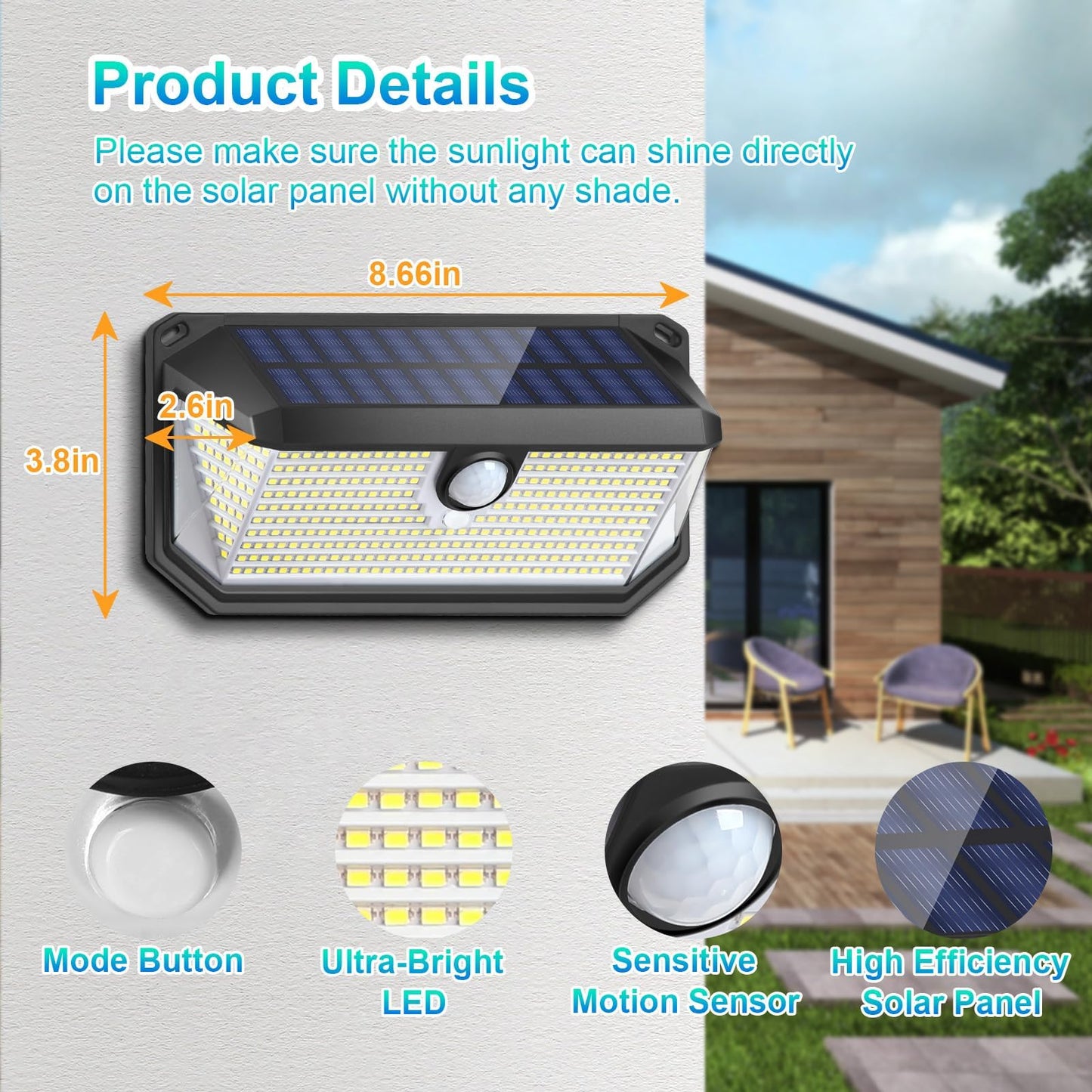 Brightever Solar Outdoor Lights, 4000LM 388 LEDs Motion Sensor Solar Powered Outdoor Light, IP65 Waterproof Exterior Flood Security Lights with 270° Wide Angle & 3 Modes for Patio Garage, 2-Pack