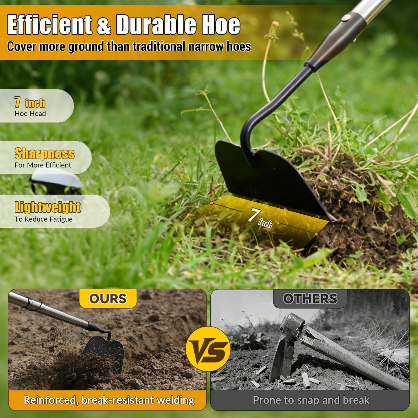 Garden Hoe Tool, 80 Inches Stainless Steel Long Handle Hoe Garden Tool, Garden Hoe for Weeding with 7-inch Wide Welded Blade, Garden Hoes for Weeding, Cultivating, Digging, Loosening, and Planting