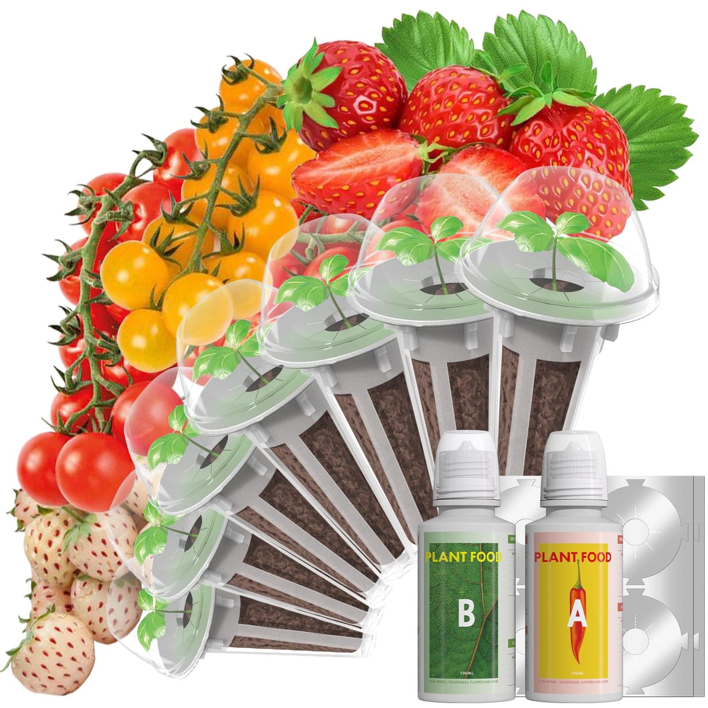 Strawberry Seed Pods for AeroGarden, Ahopegarden, iDOO Hydroponics Growing System, 350 Seeds+ Germination Including Red Cherry Tomato Golden Cherry Tomato, White Strawberry, Red Strawberry (7-Pods)