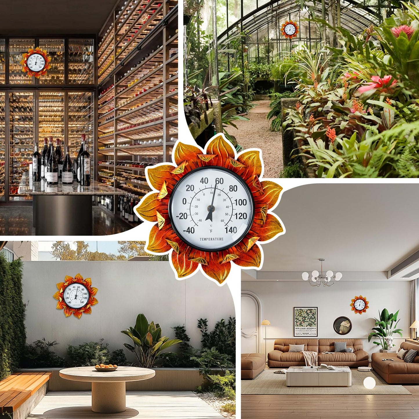 Jusimux Sunflower Wall-Mounted Outdoor Thermometers, 11 Inch Indoor Outdoor Thermometer Decorative for Patio, Living Room,Wine Cellar, Garden Home Decor, No Batteries Required