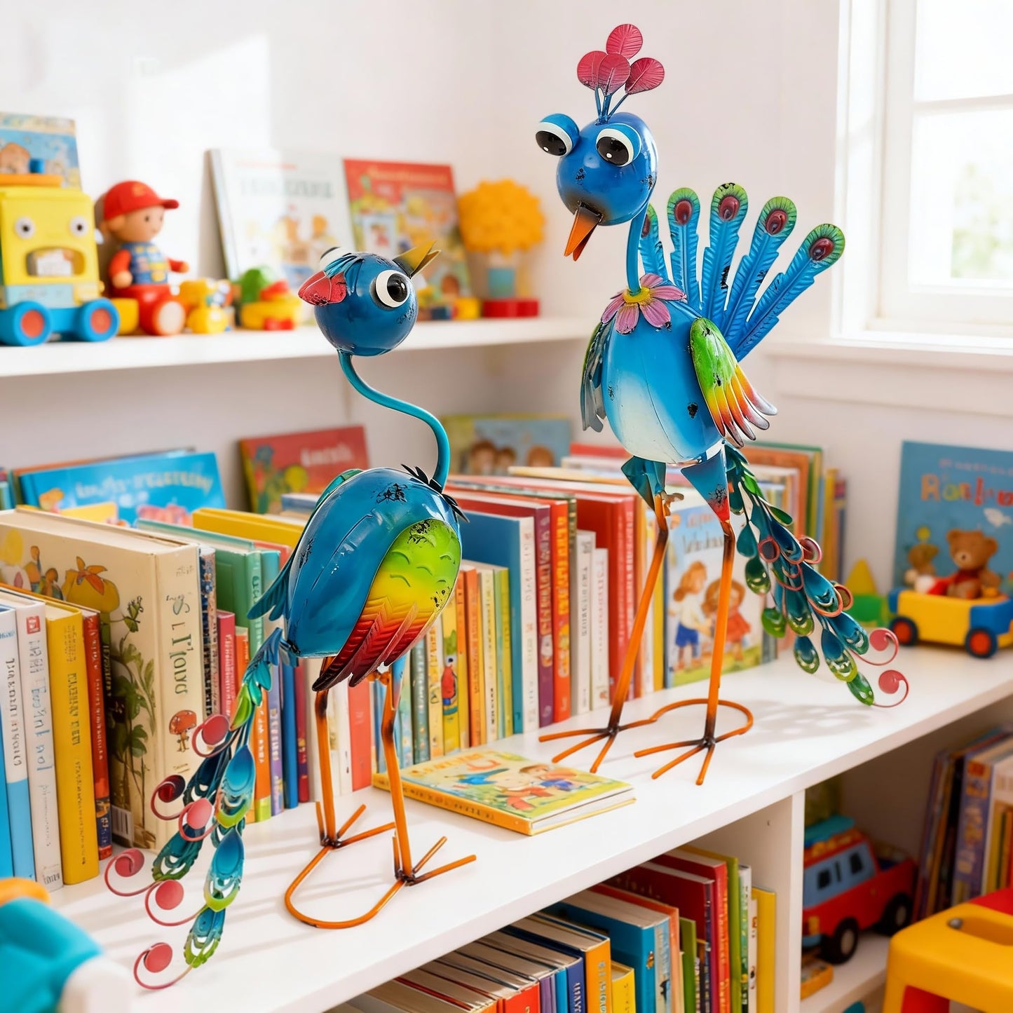 Ultym 22.5" Metal Peacock Garden Statues Set of 2, Whimsical Hand-Painted Cartoon Birds, Blue & Rainbow Yard Art for Patio Lawn, Indoor Shelf Decor, Unique Gift for Women
