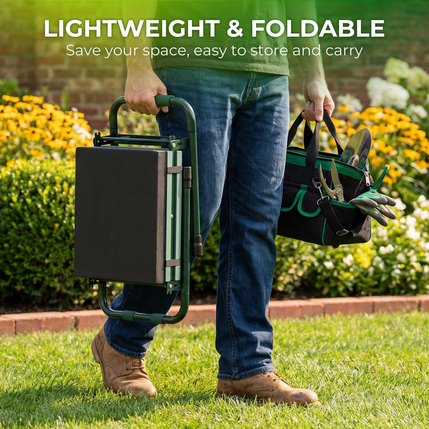 Walensee Foldable Garden Kneeler and Seat Bench with Cross-Body Tool Bag, Removable Tool Pouch, Heavy Duty Garden Stool with Soft Kneeling Pad, No Assembly,Ideal Gardening Gift for Mom Women Seniors