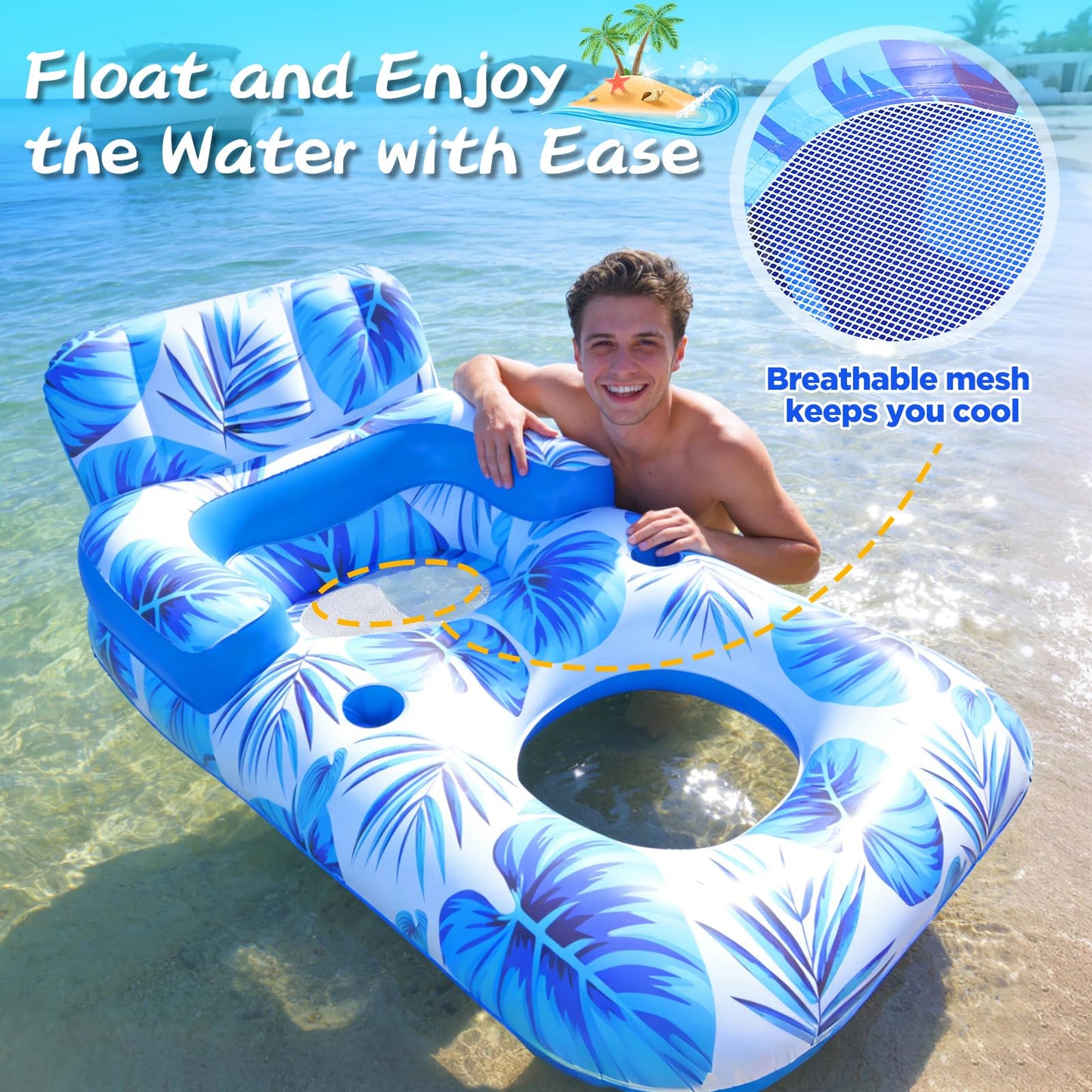 Shinepool Pool Floats Adult, 65" Thicken PVC Inflatable Pool Chair Lounger Rafts with Cup & Phone Holder & Headrest Backrest Footrest, Comfort Pool Floaties for Adults Lake Beach Party Outdoor (1PC)